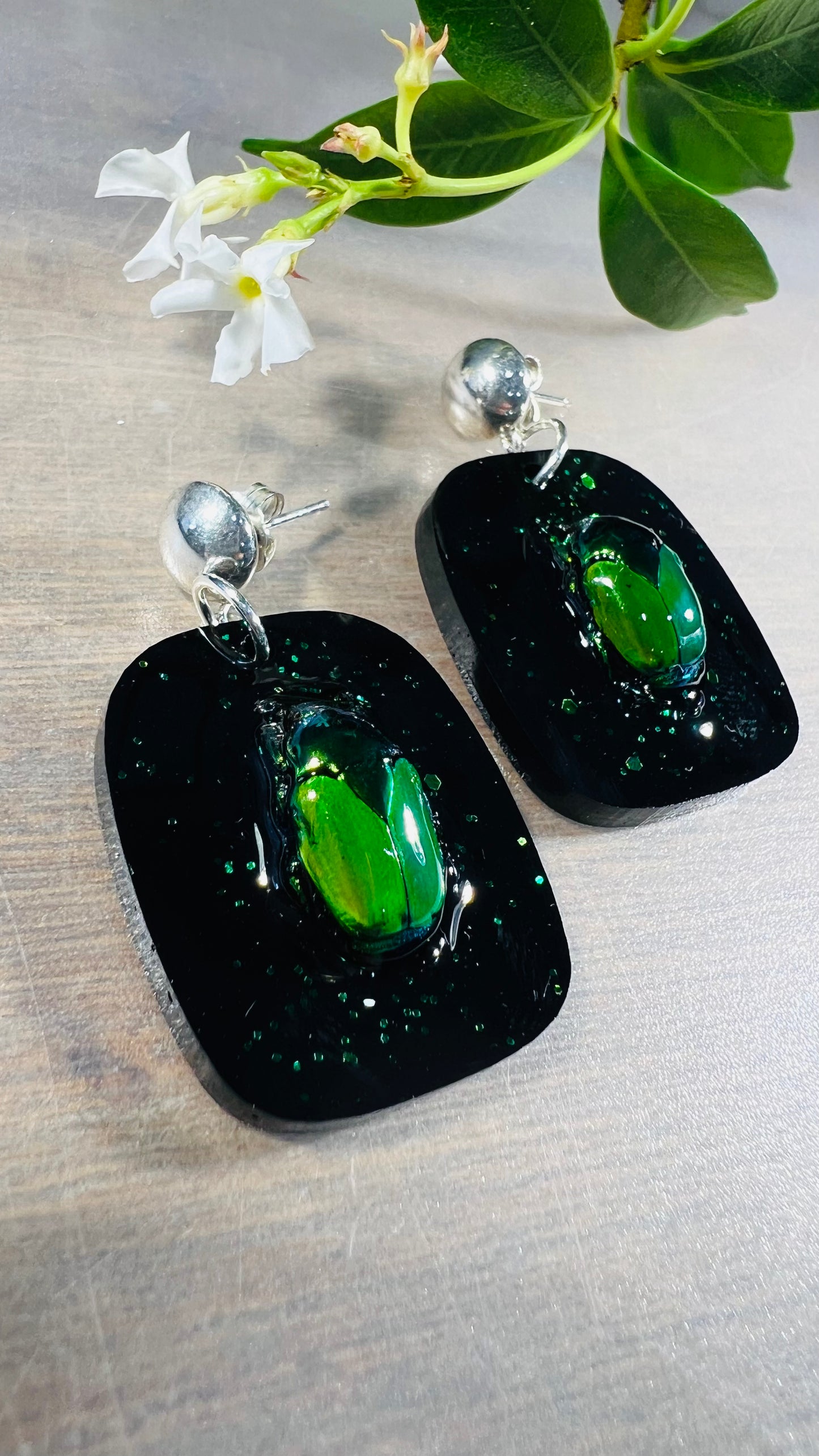 Green Beetles in Black Earrings