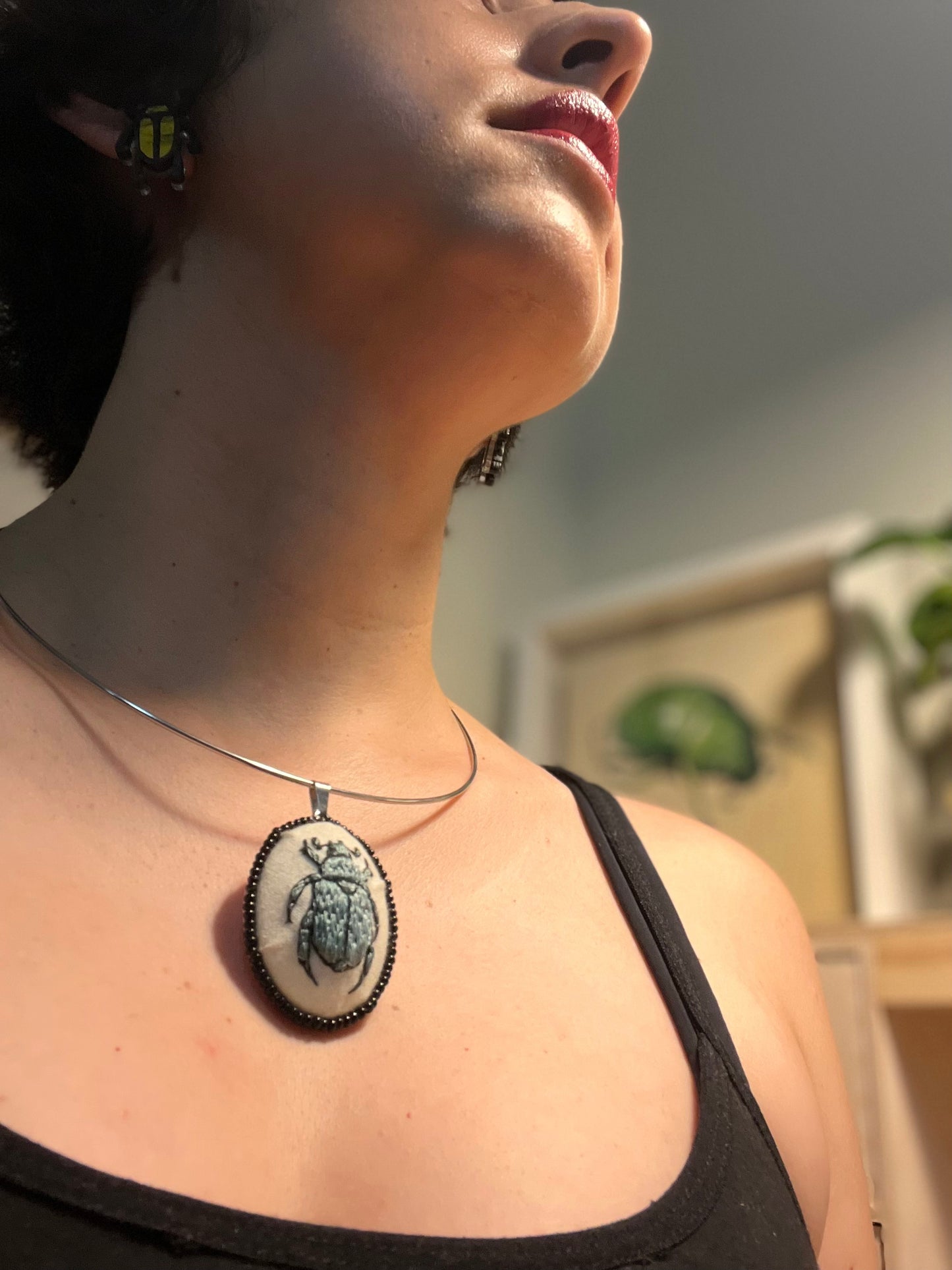 Green Christmas beetle embroidered necklace