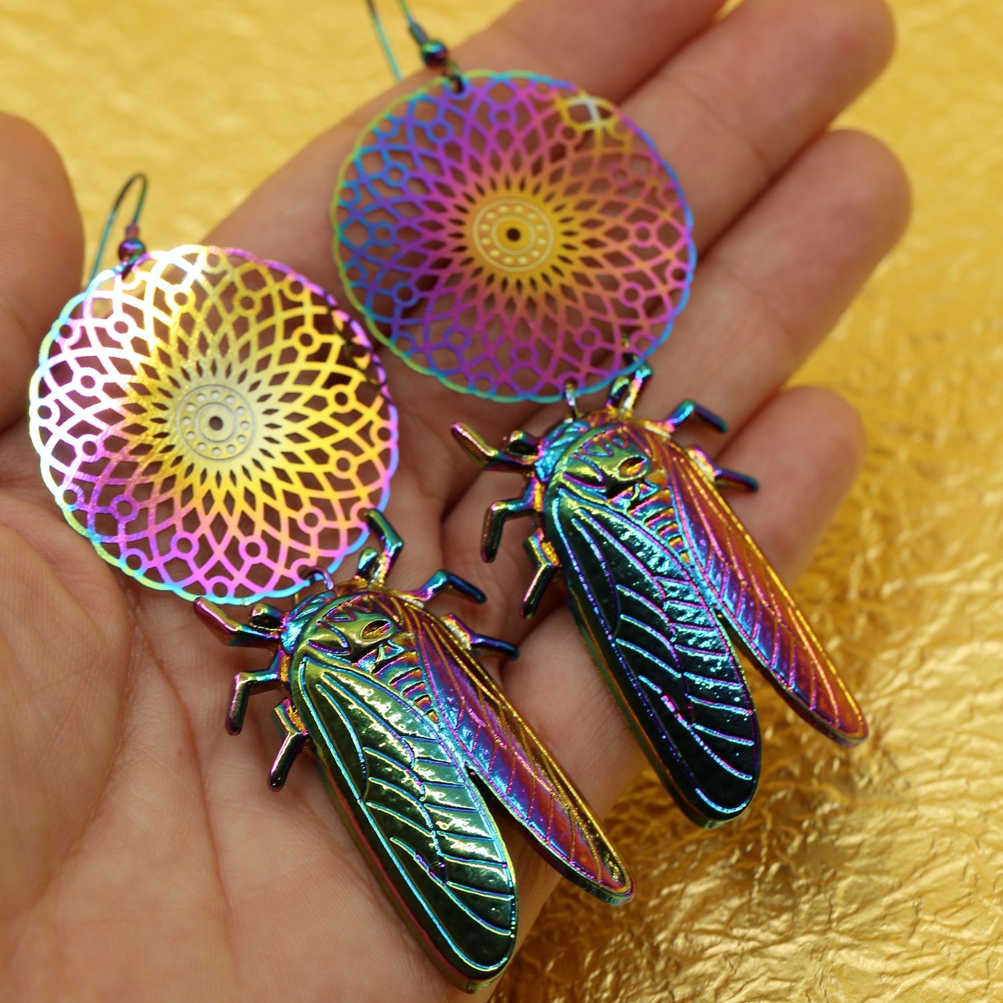 Rainbow Dream Catcher Cicada Earrings