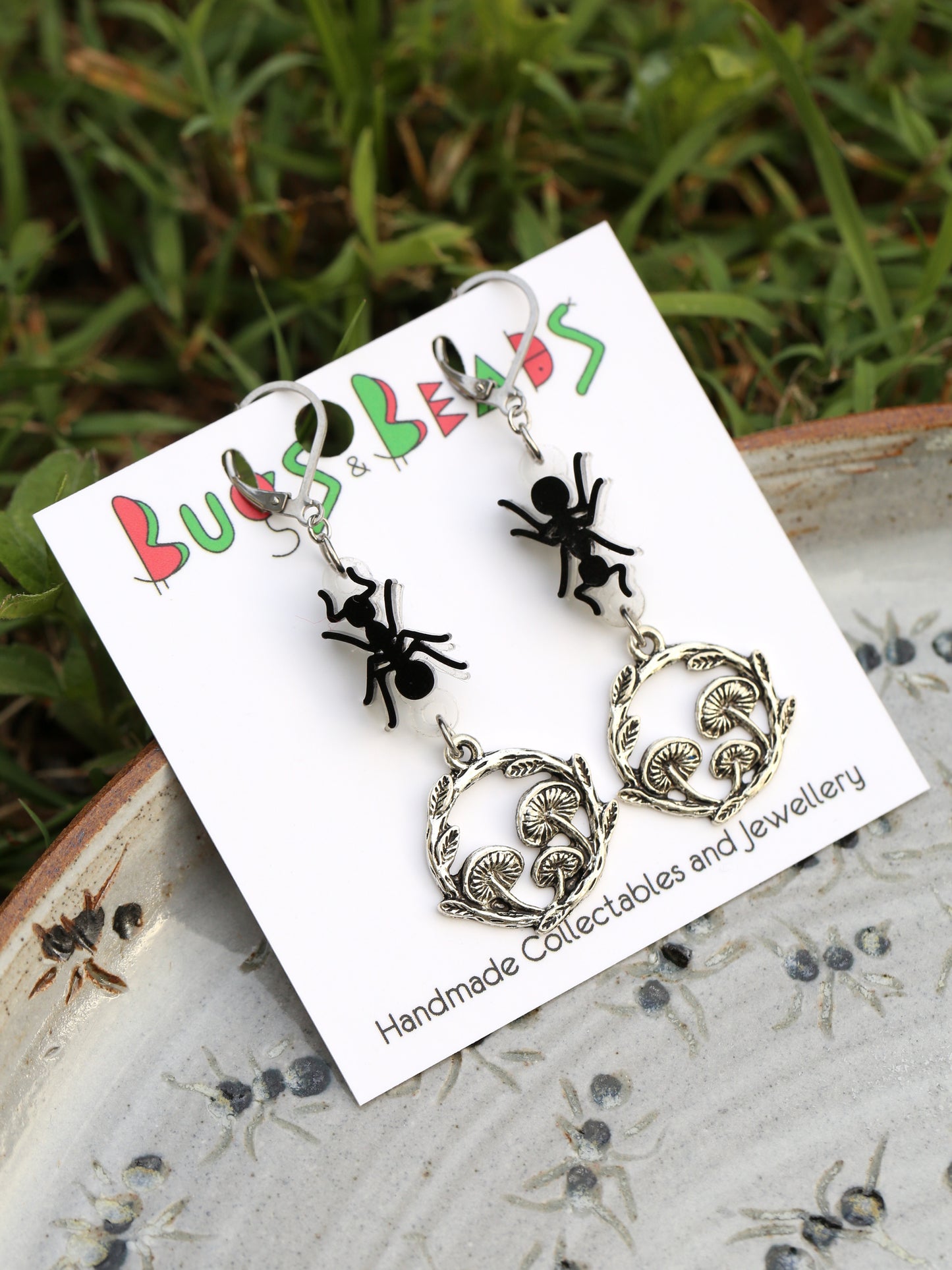 Ants love mushrooms earrings