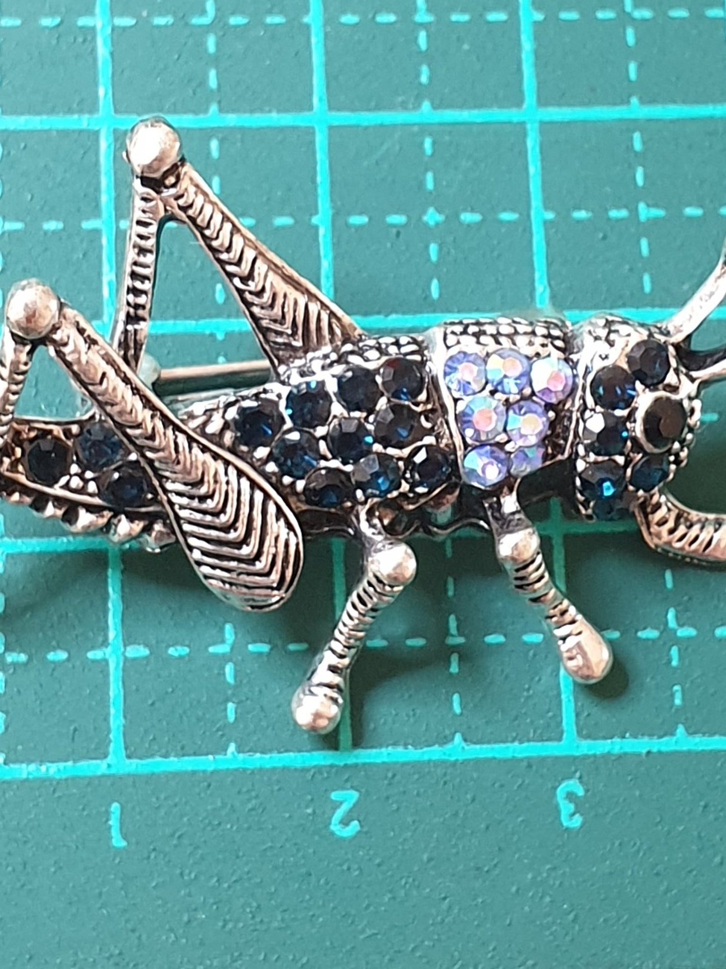 Grasshopper Brooch - Silver & Blue