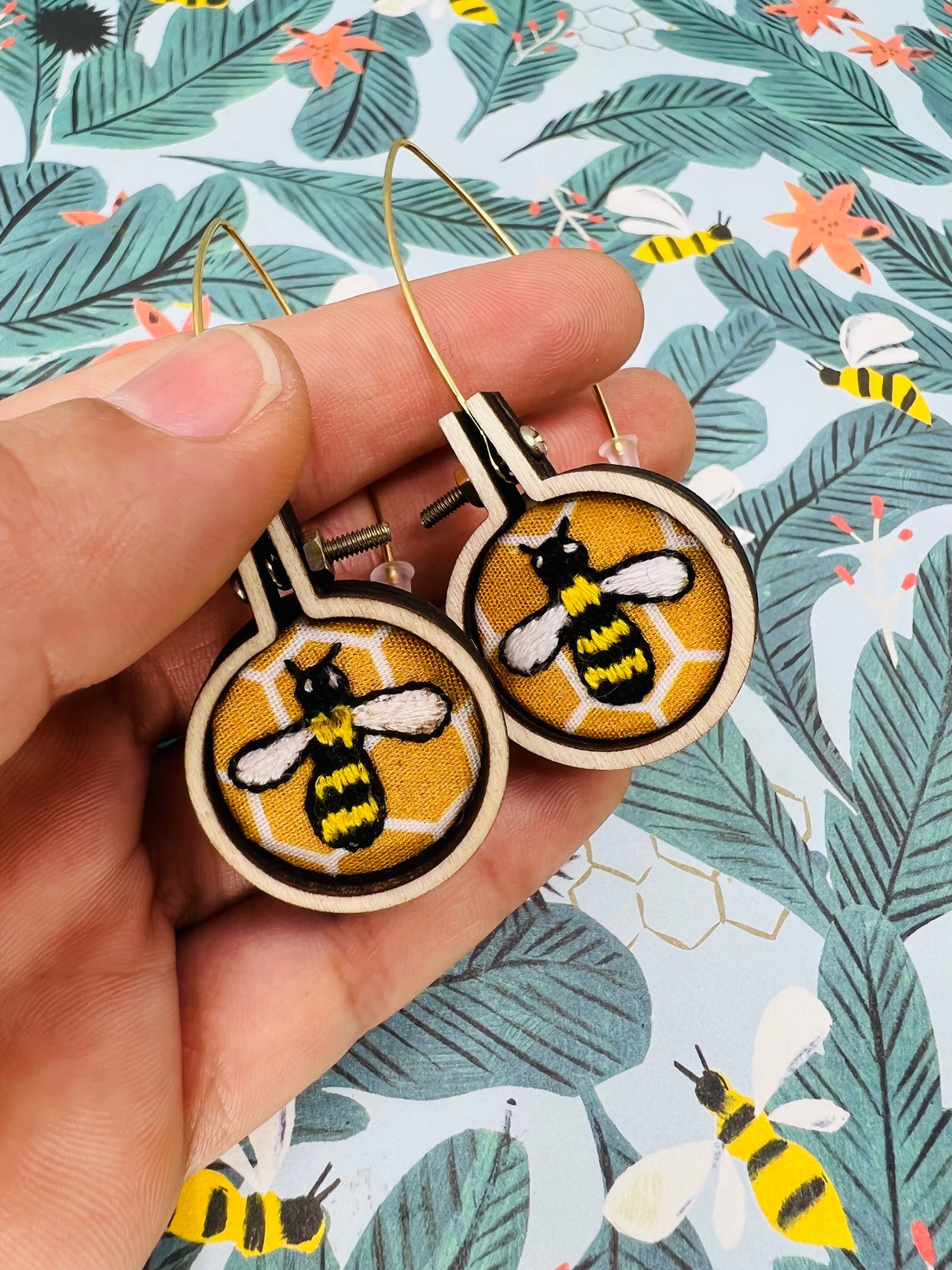 Embroidered honey bee earrings