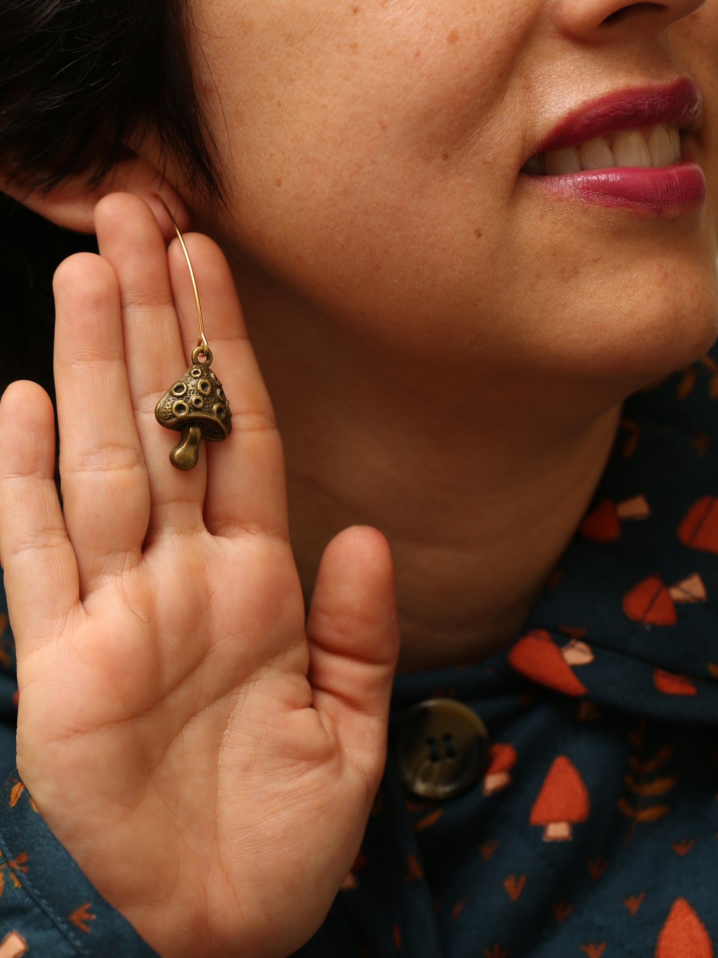Bronze long marquise mushrooms earrings