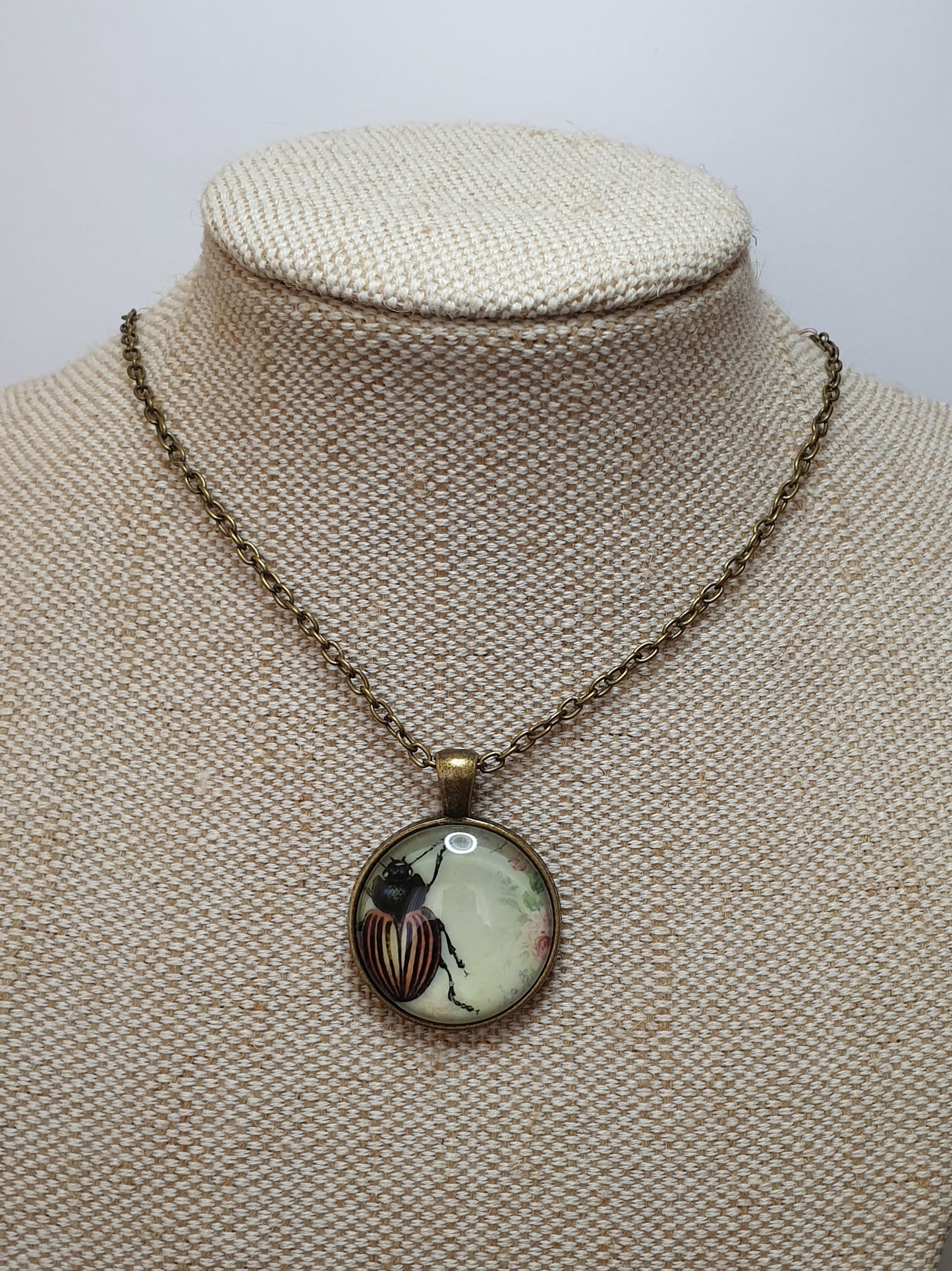 Orange & Black Beetle Necklace - Bronze