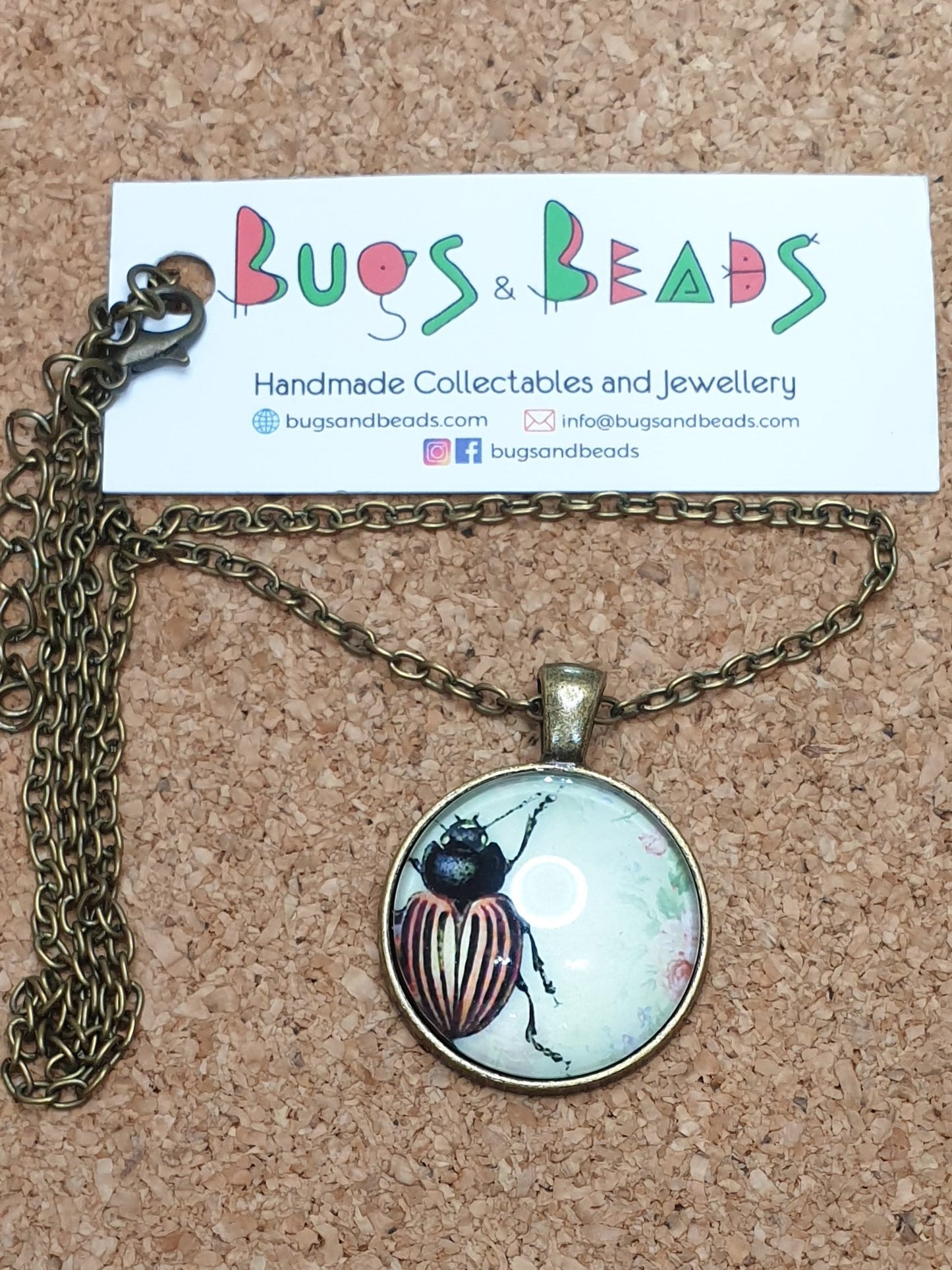 Orange & Black Beetle Necklace - Bronze