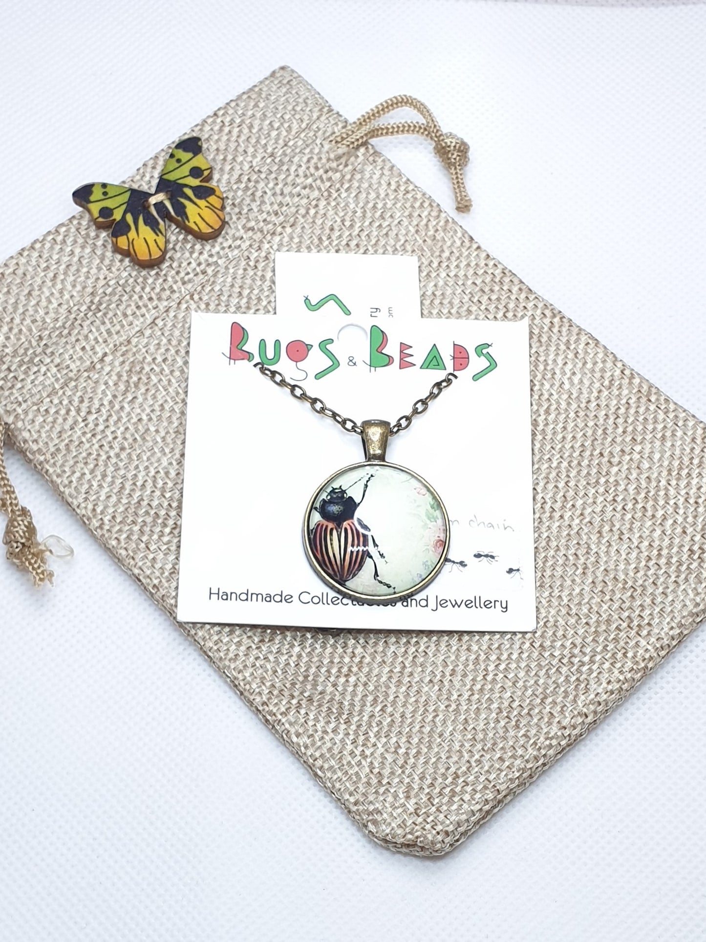 Orange & Black Beetle Necklace - Bronze