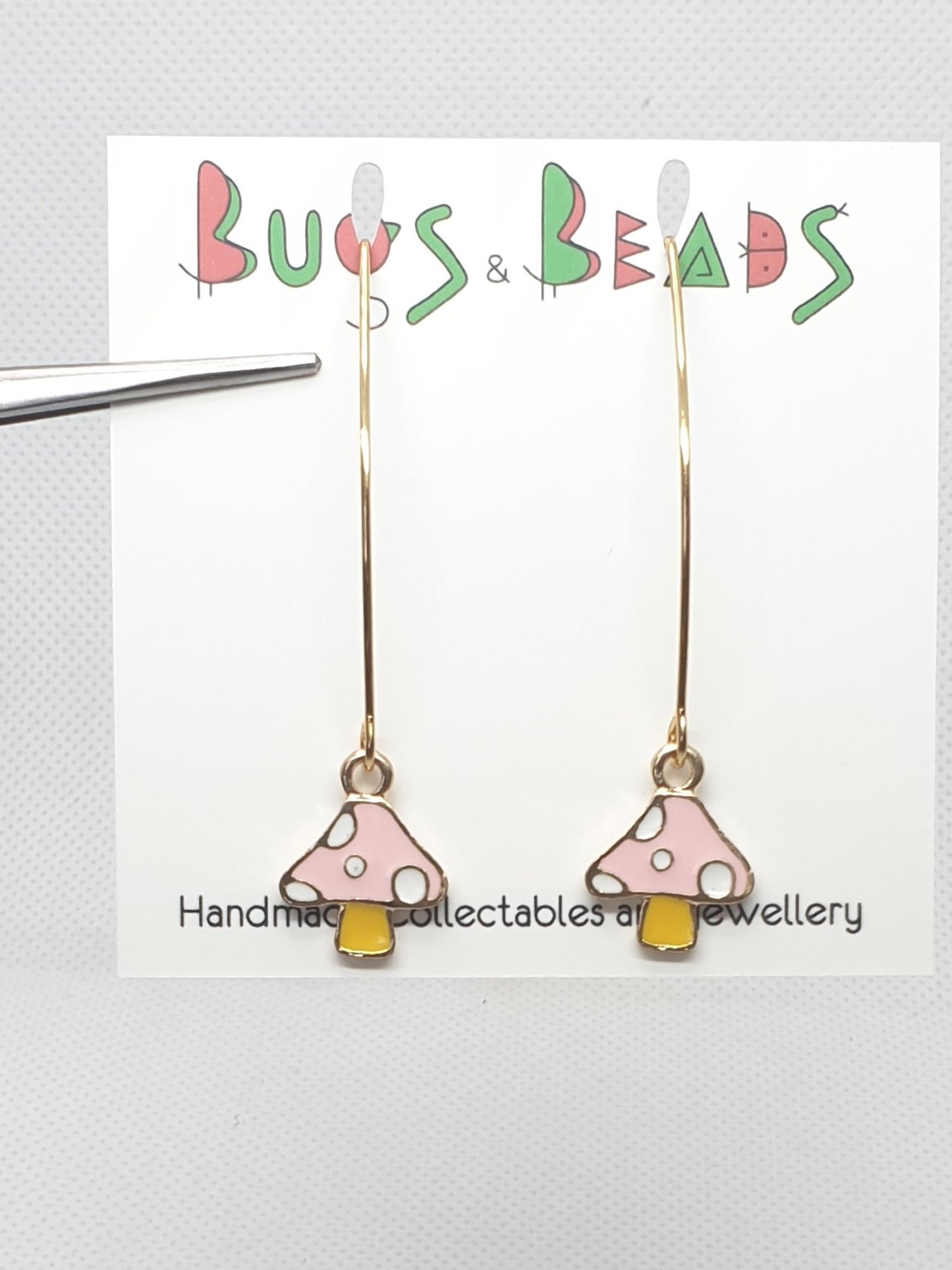 Pink mushroom on long hook earrings