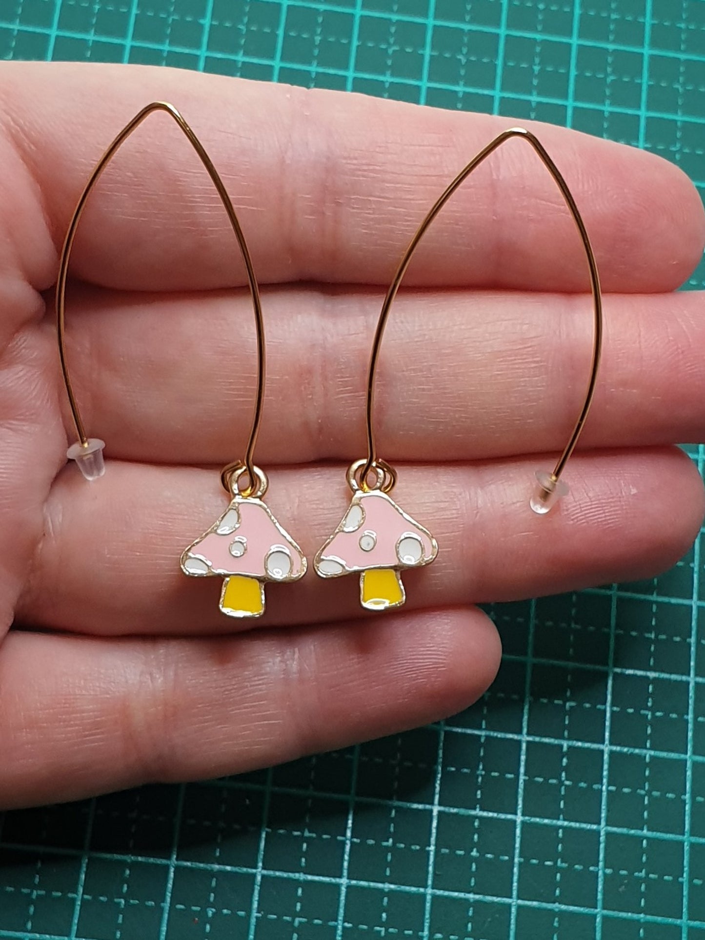 Pink mushroom on long hook earrings