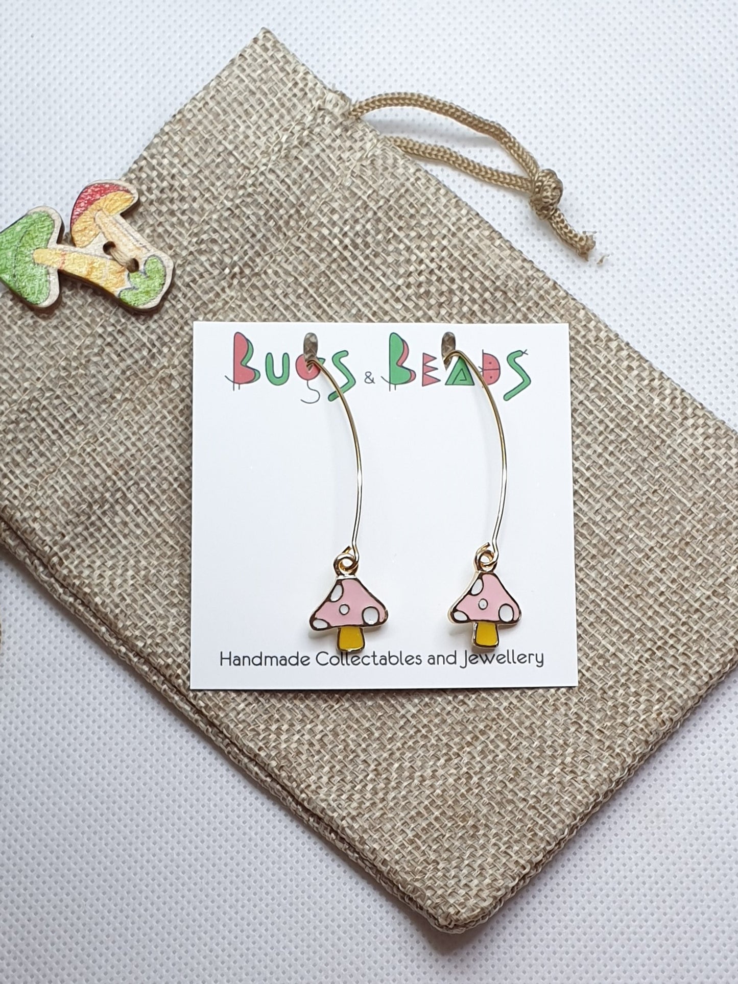 Pink mushroom on long hook earrings