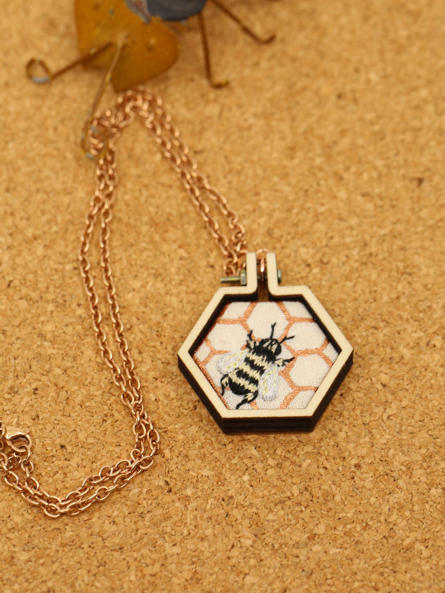 Bee on hive embroidered necklace