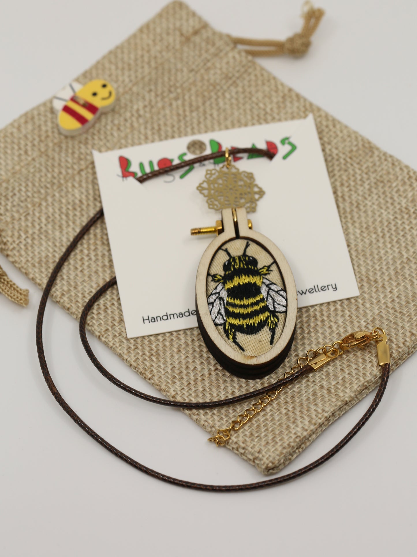 European Honey Bee Embroidered Pendant