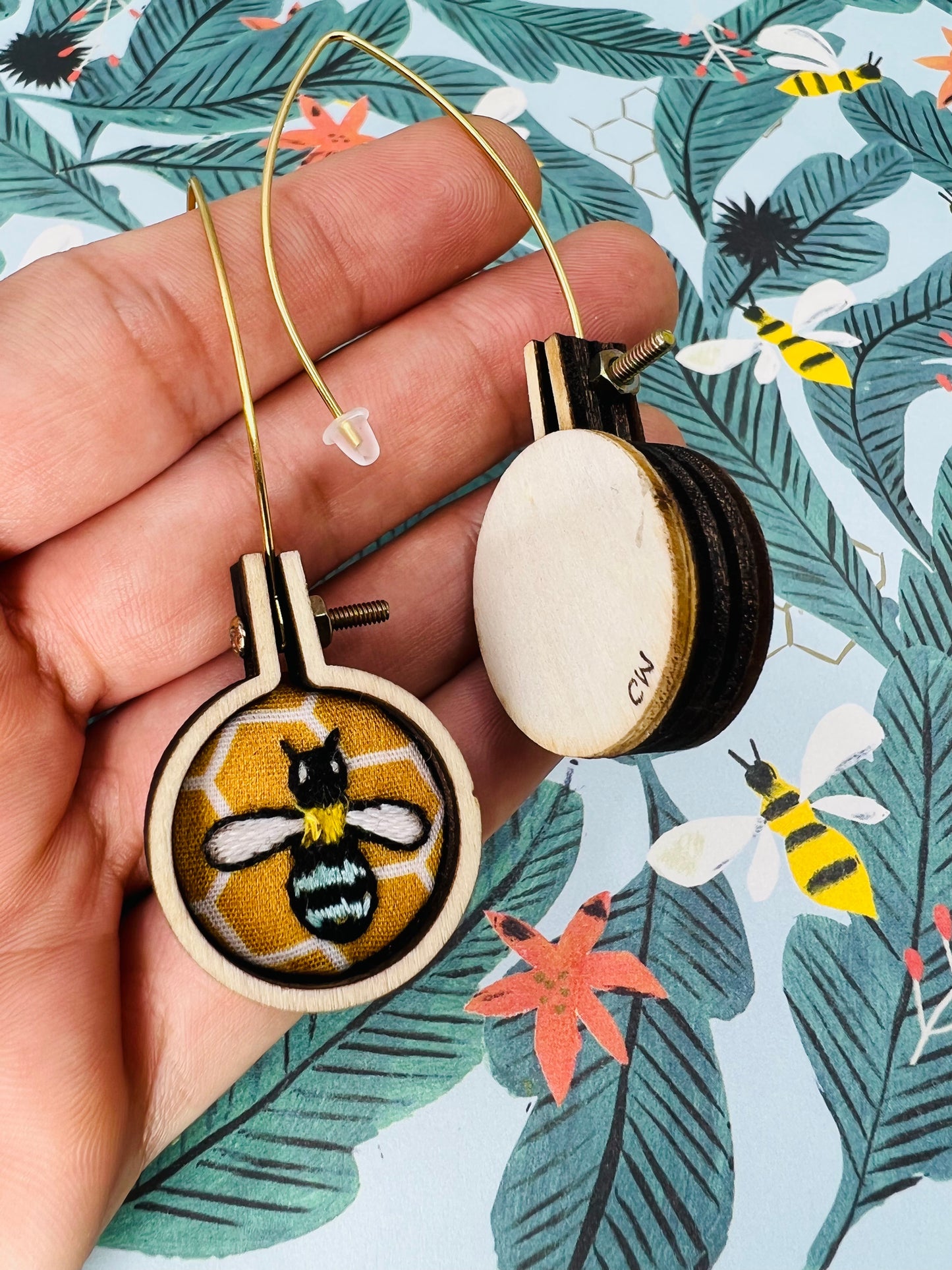 Embroidered Blue-banded bee earrings