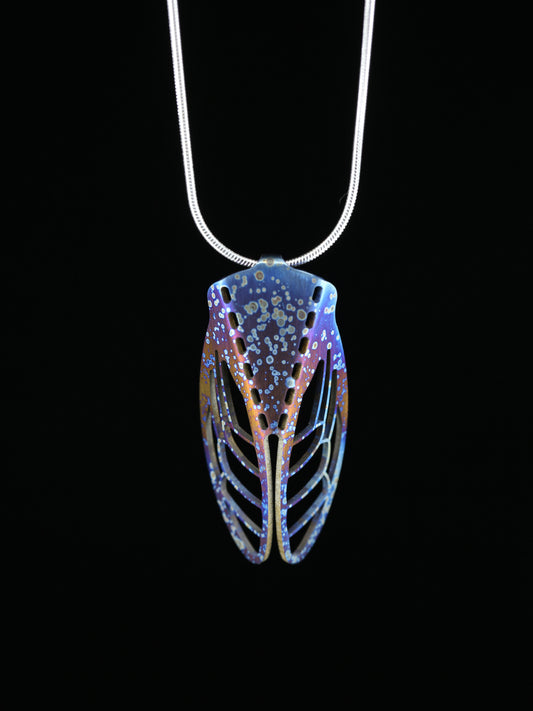 Titanium Cicada pendant purple and gold