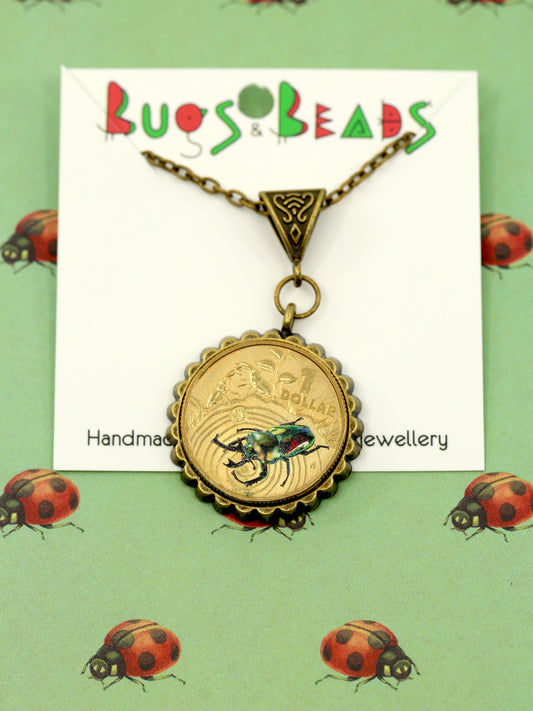 Rainbow stag beetle decimal coin necklace