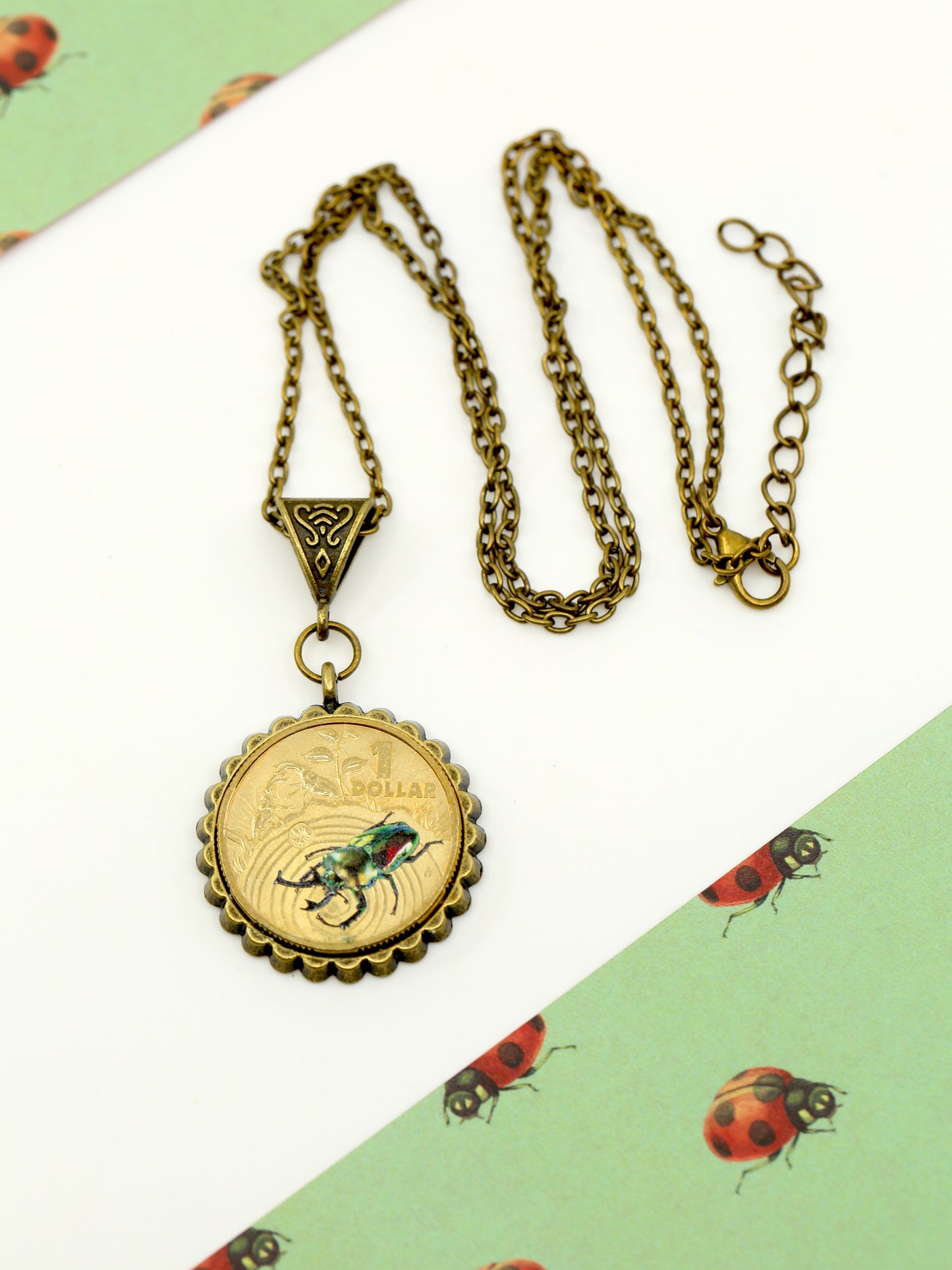 Rainbow stag beetle decimal coin necklace