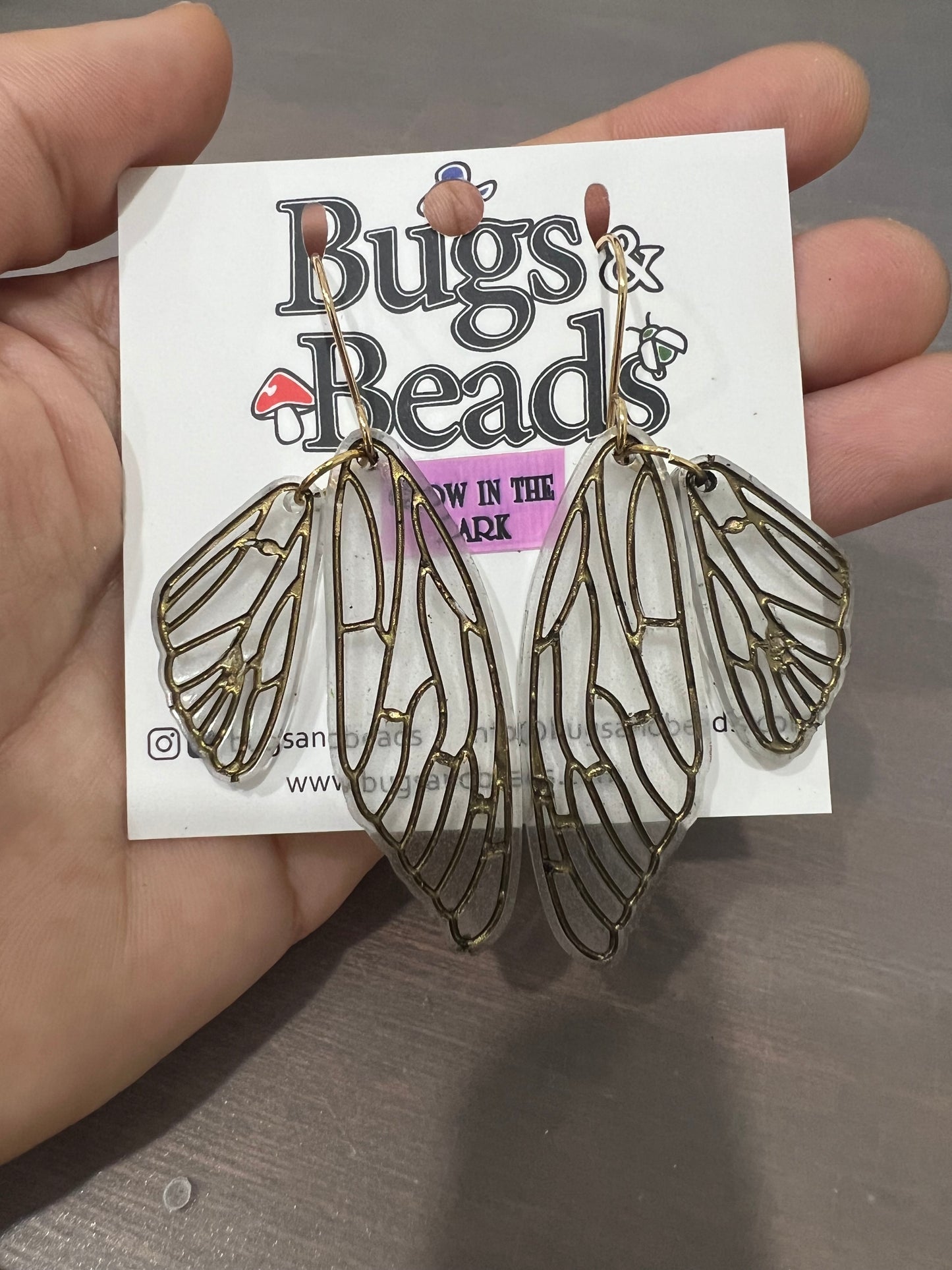 Glow-in-the-dark Cicada wings dangle earrings