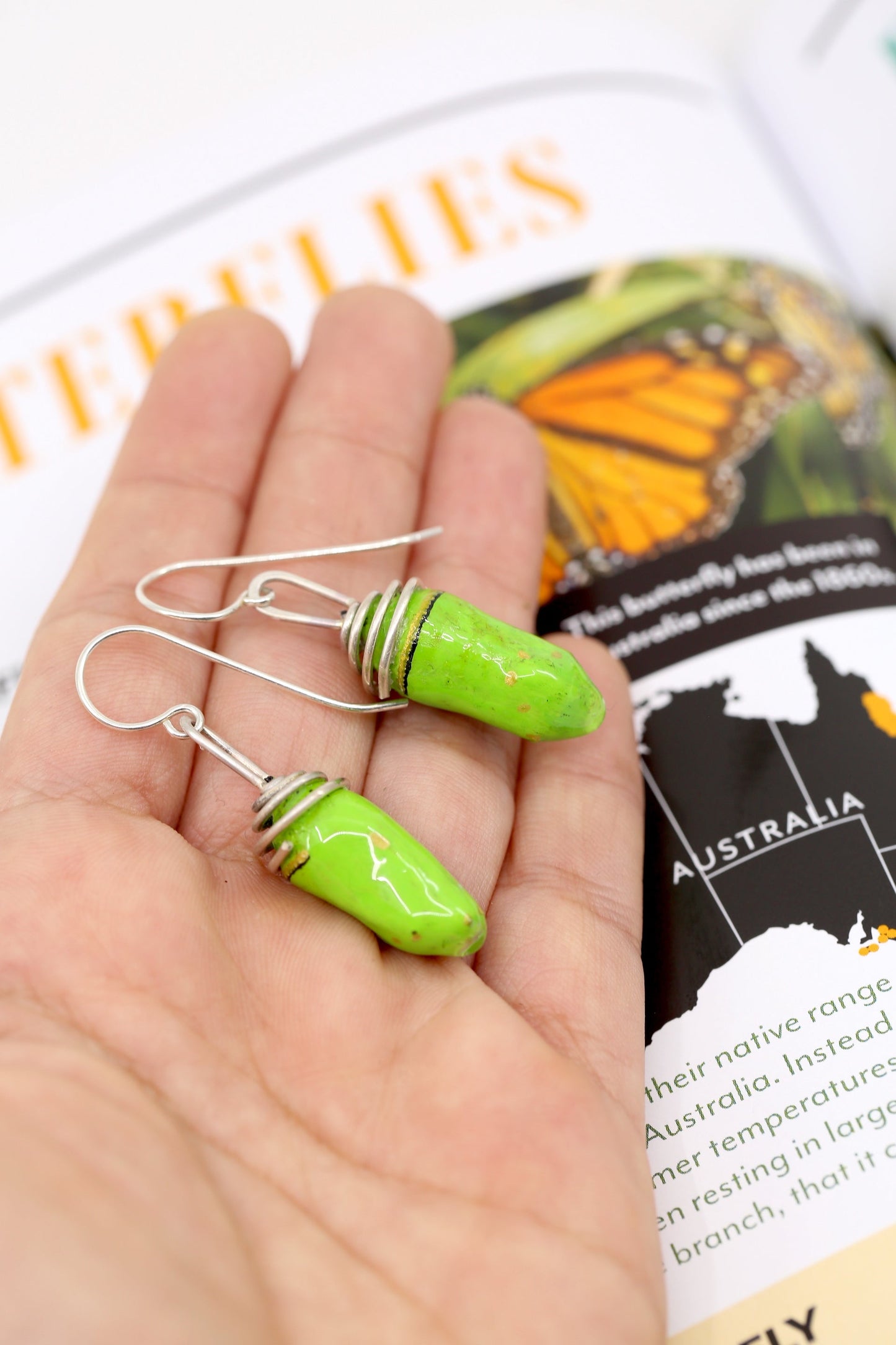 Recycled Monarch chrysalis earrings - Green tone
