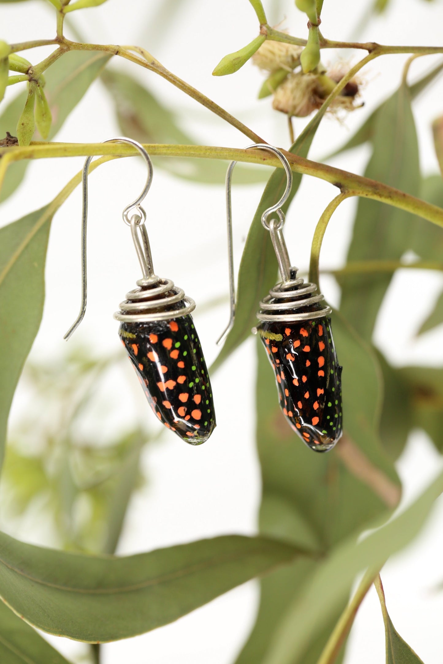 Recycled Monarch chrysalis earrings - Black tone