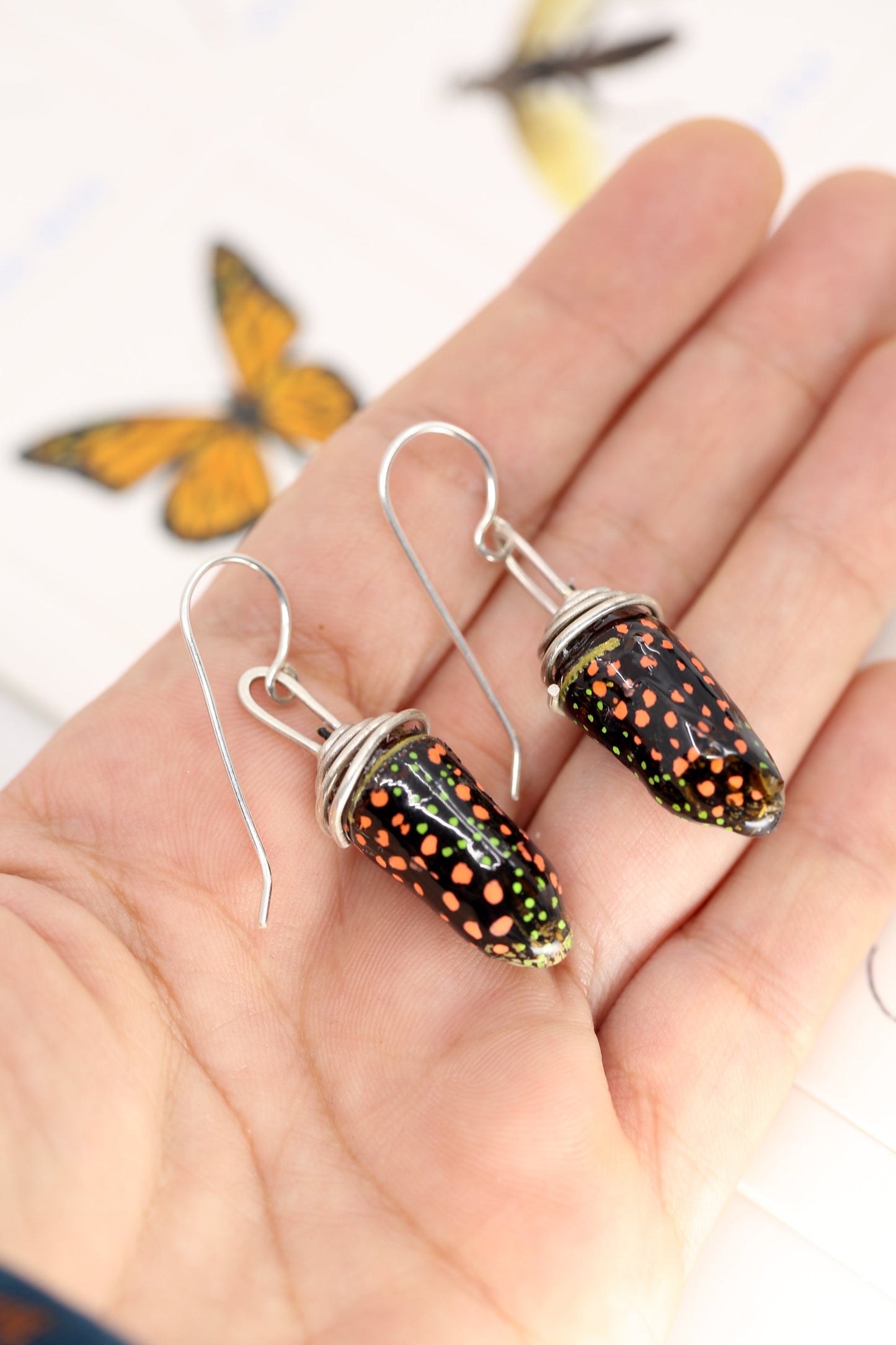 Recycled Monarch chrysalis earrings - Black tone