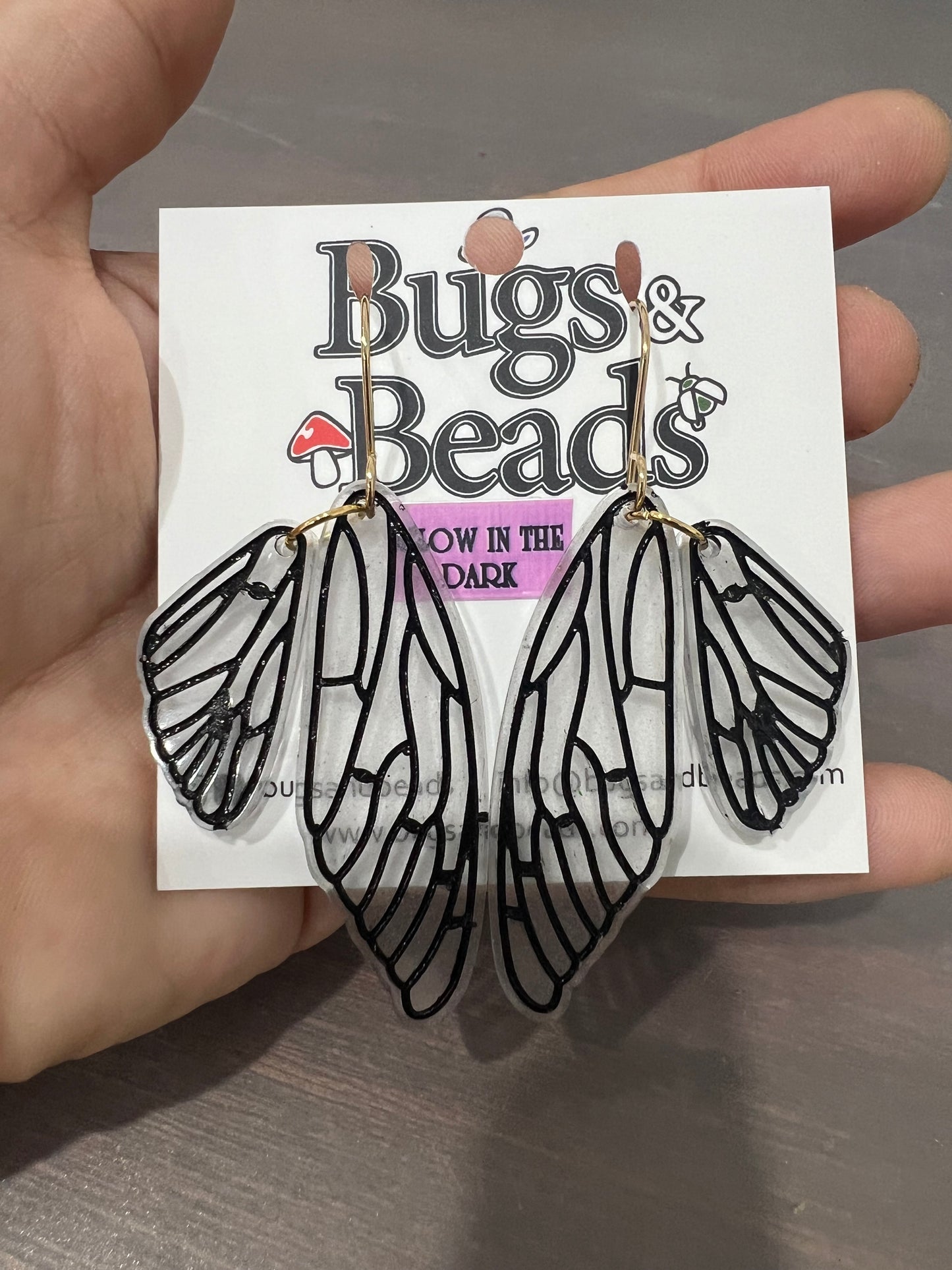 Glow-in-the-dark Cicada wings dangle earrings