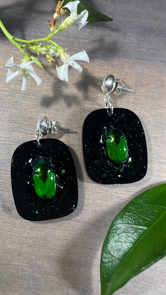 Green Beetles in Black Earrings