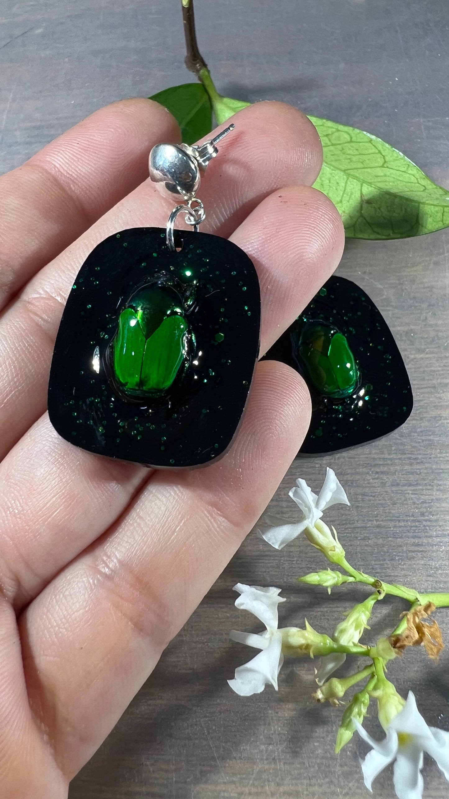 Green Beetles in Black Earrings