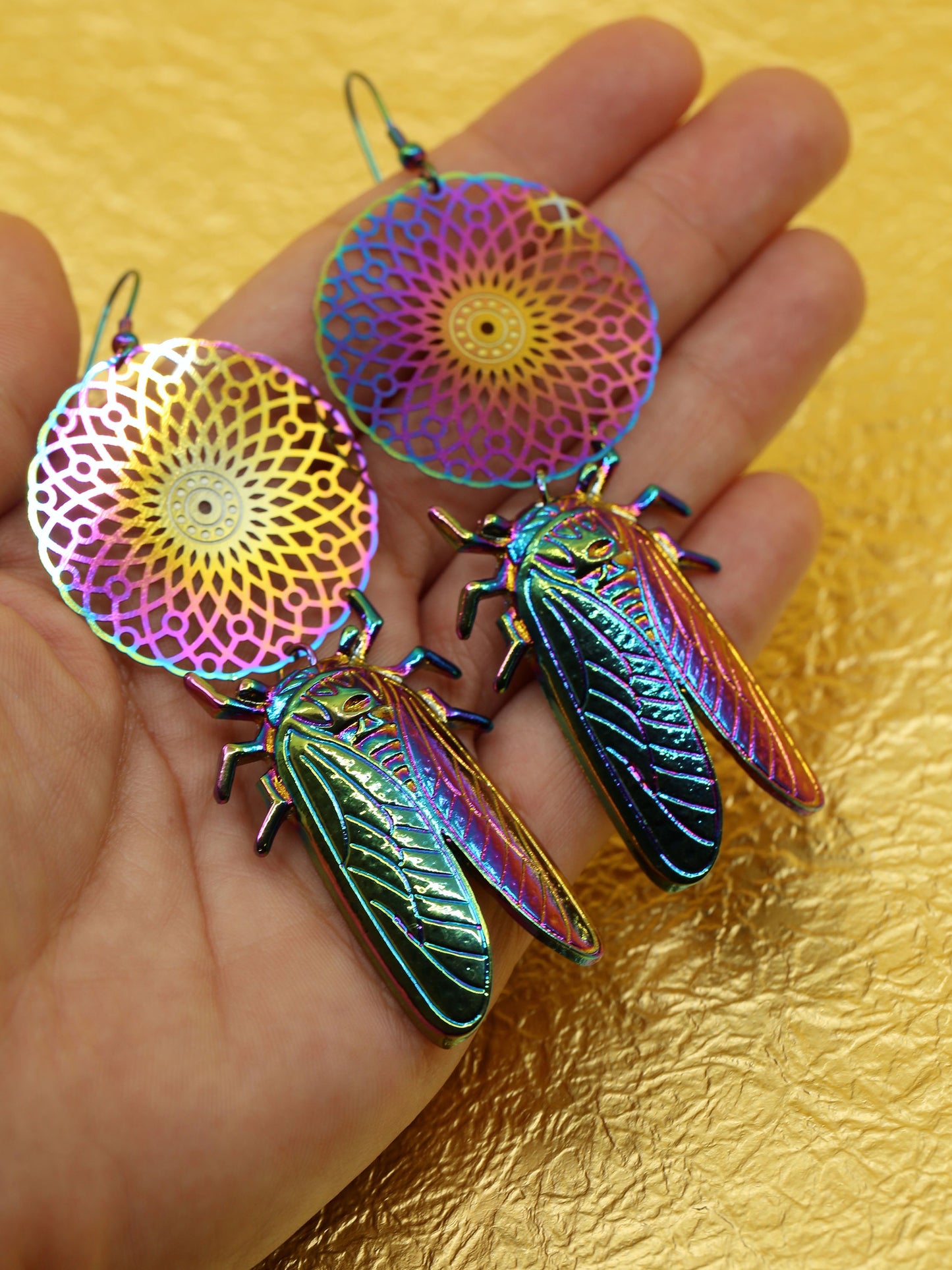 Rainbow Dream Catcher Cicada Earrings