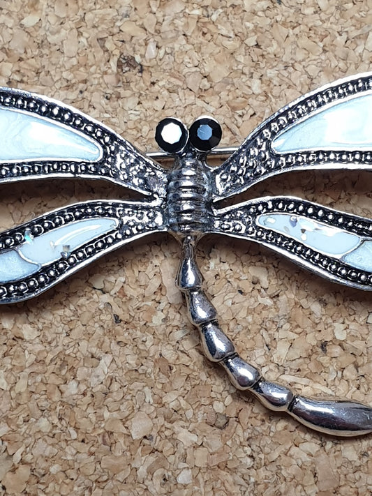 Dragonfly Brooch - Silver & White
