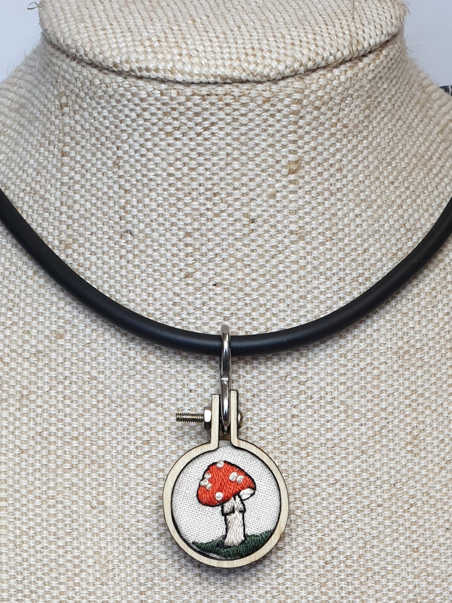 Amanita mushroom hand embroidered pendant