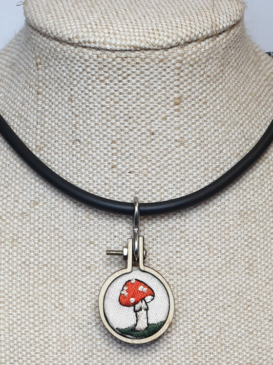 Amanita mushroom hand embroidered pendant