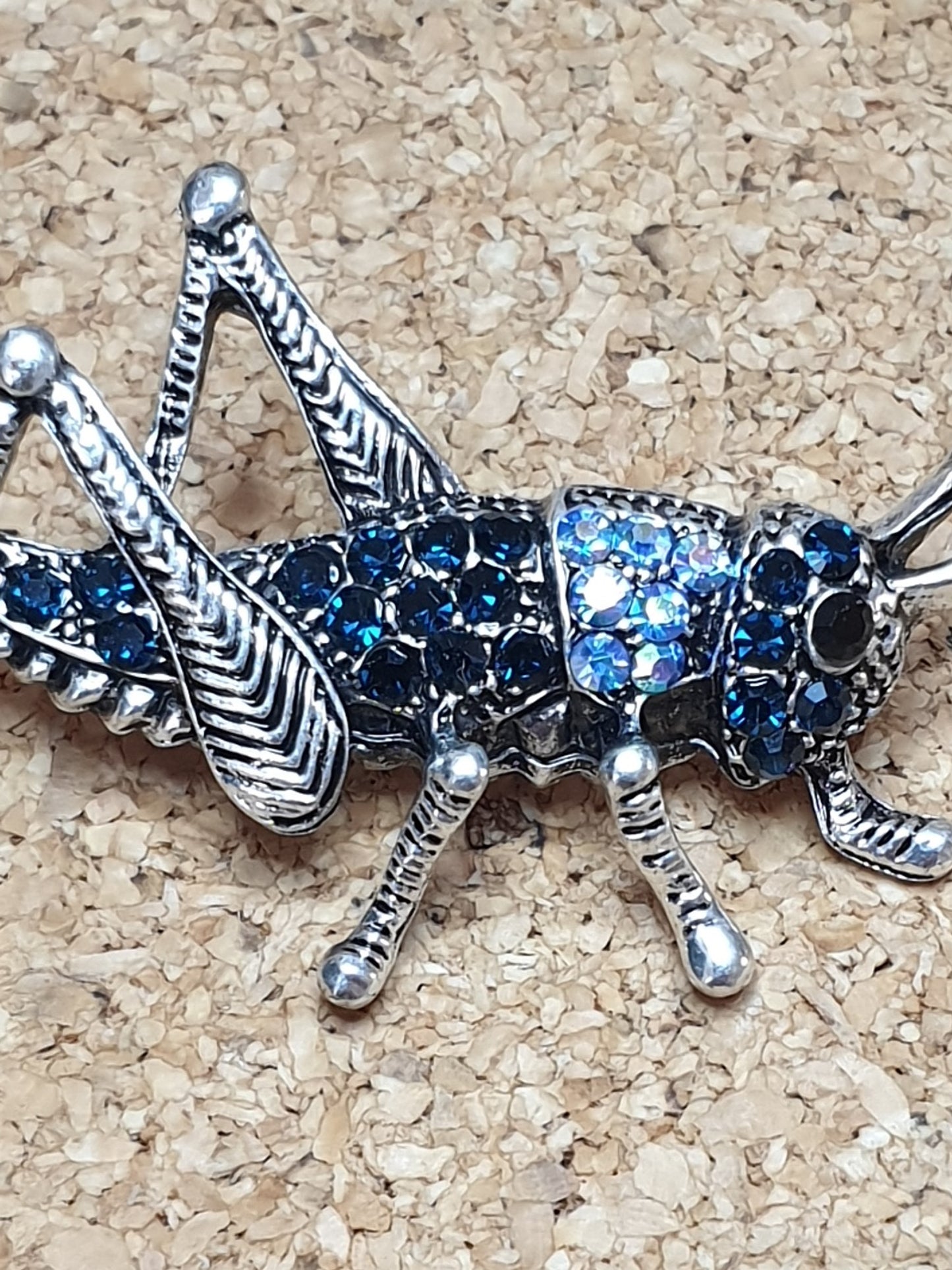 Grasshopper Brooch - Silver & Blue