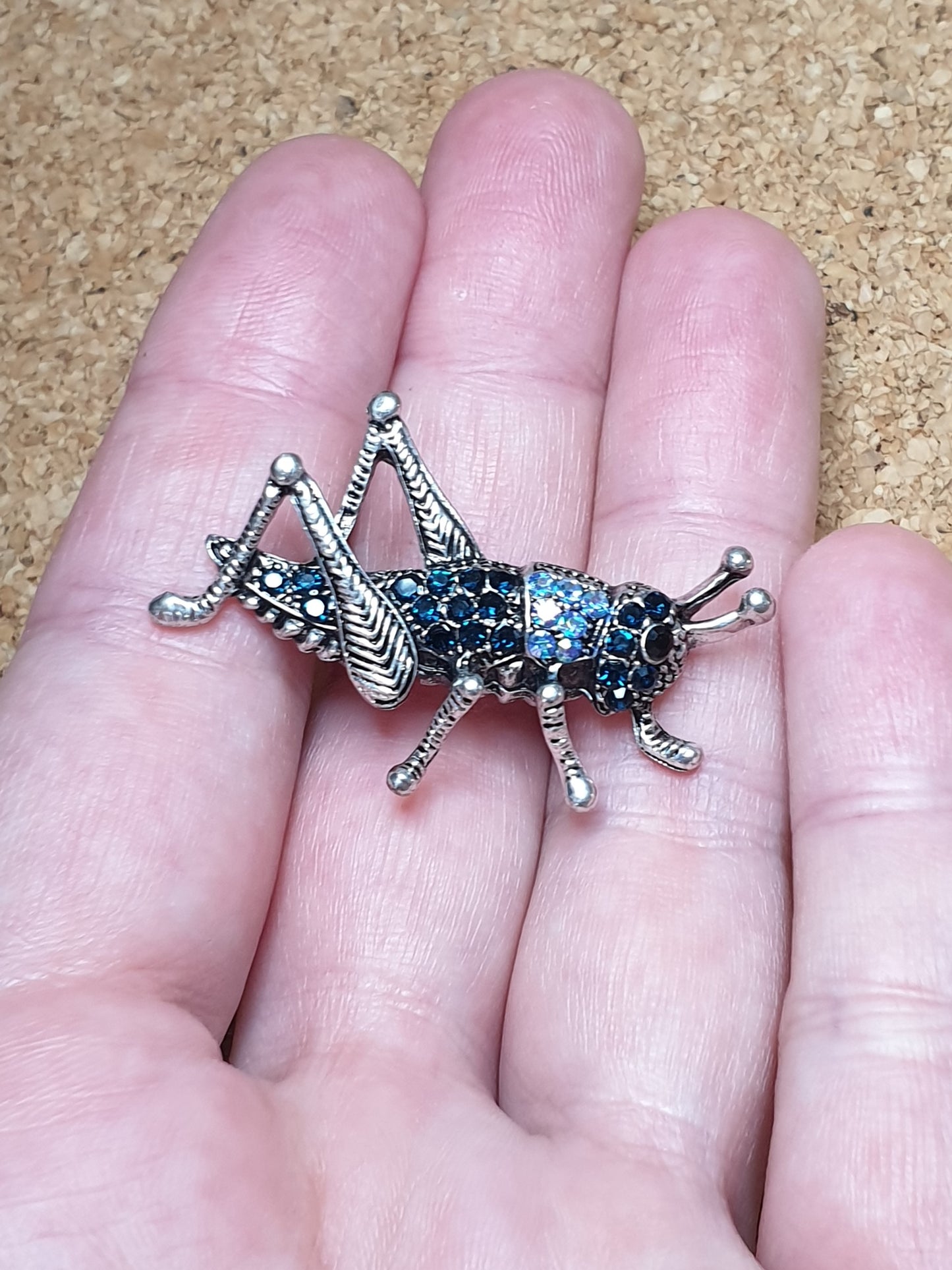 Grasshopper Brooch - Silver & Blue