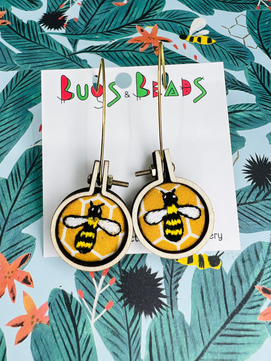 Embroidered honey bee earrings