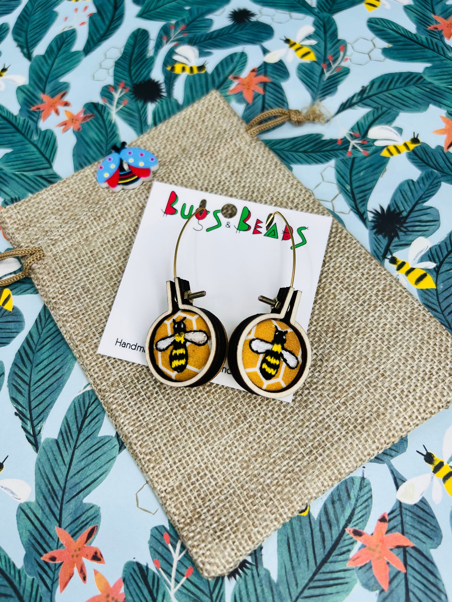 Embroidered honey bee earrings