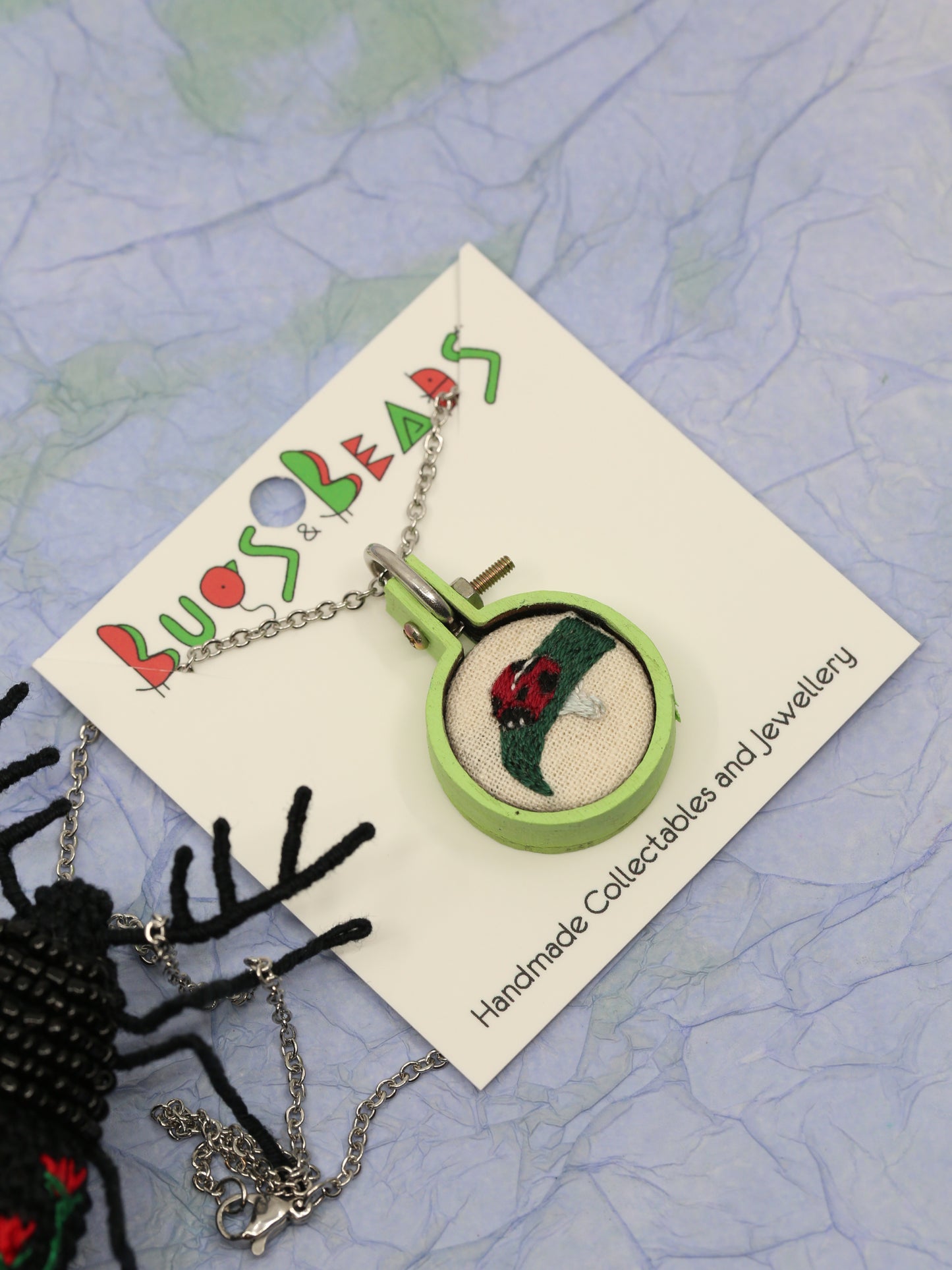 Cute ladybird beetle embroidered necklace