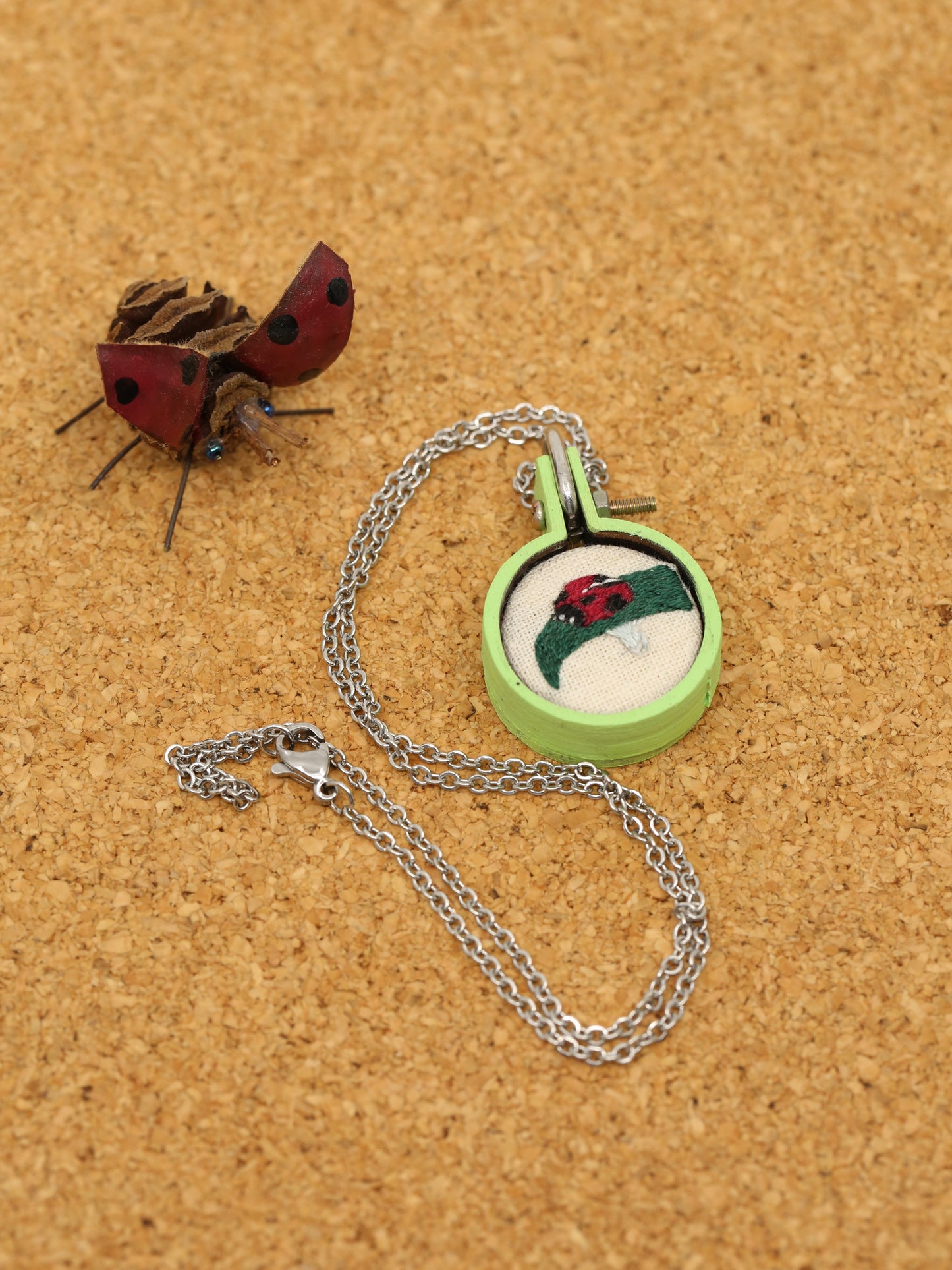 Cute ladybird beetle embroidered necklace