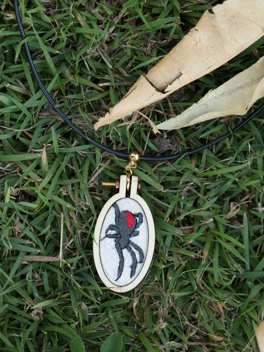 Redback spider embroidered pendant necklace