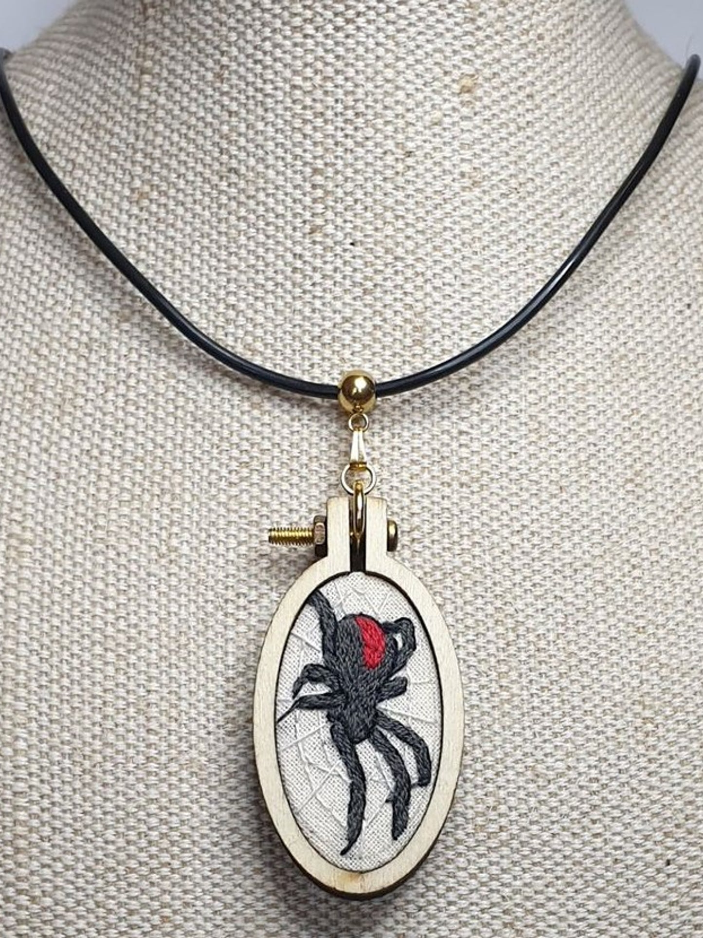 Redback spider embroidered pendant necklace