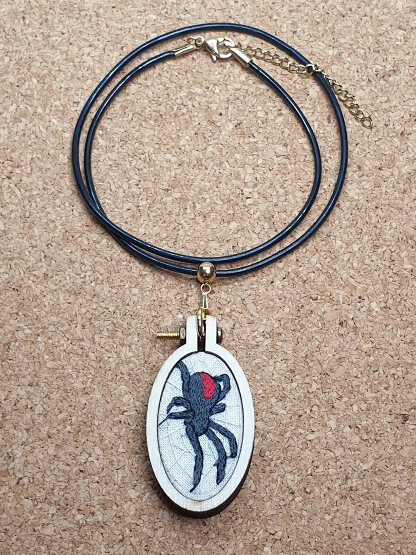 Redback spider embroidered pendant necklace