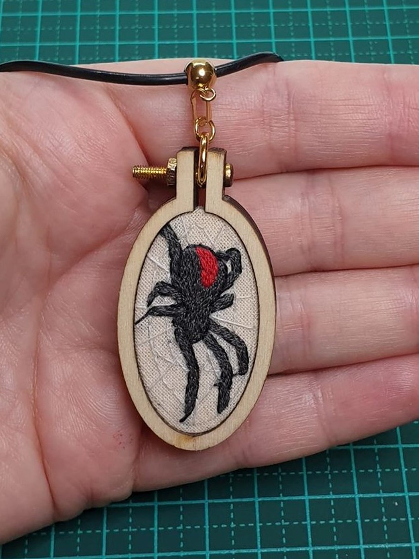 Redback spider embroidered pendant necklace