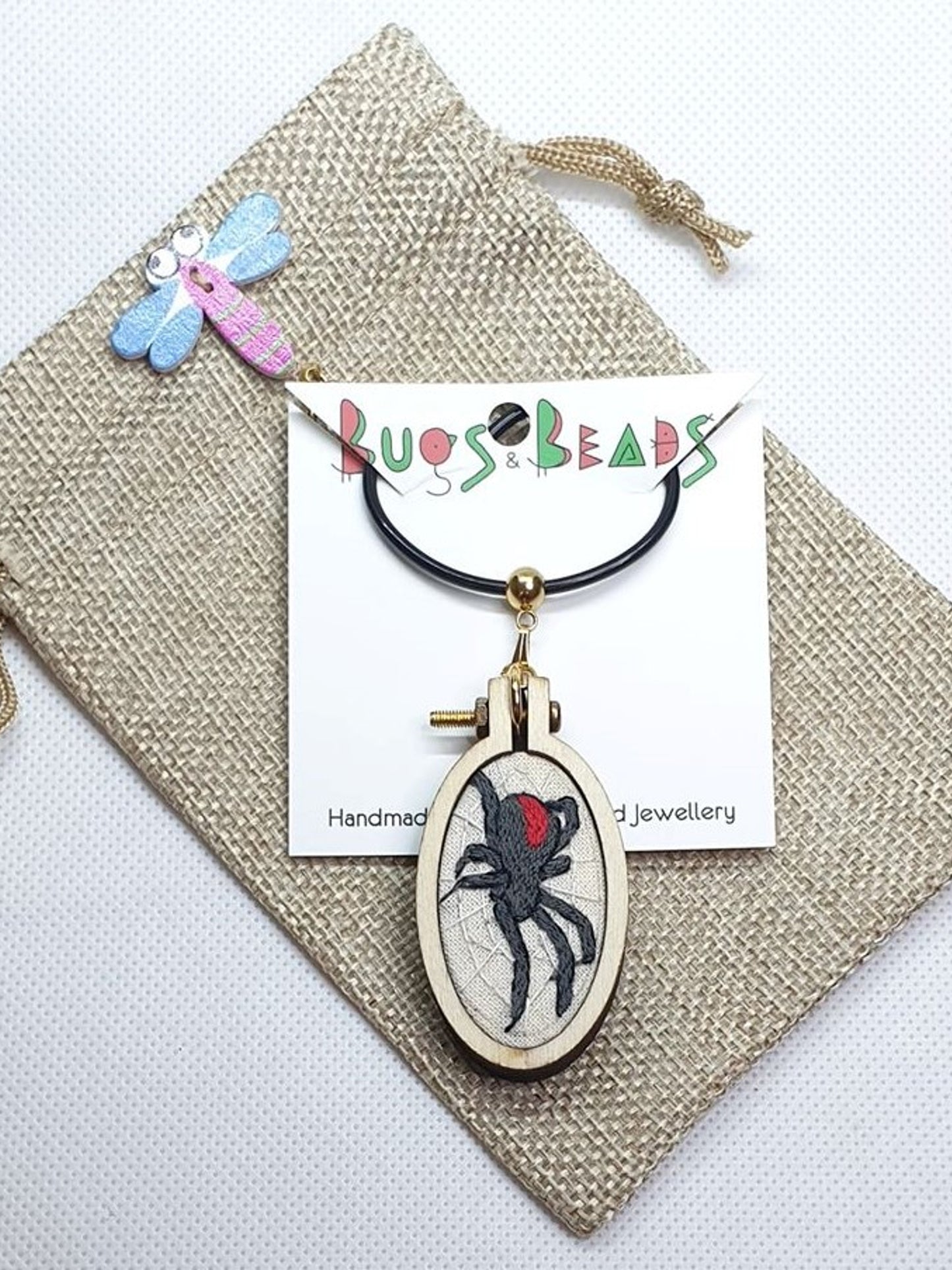 Redback spider embroidered pendant necklace