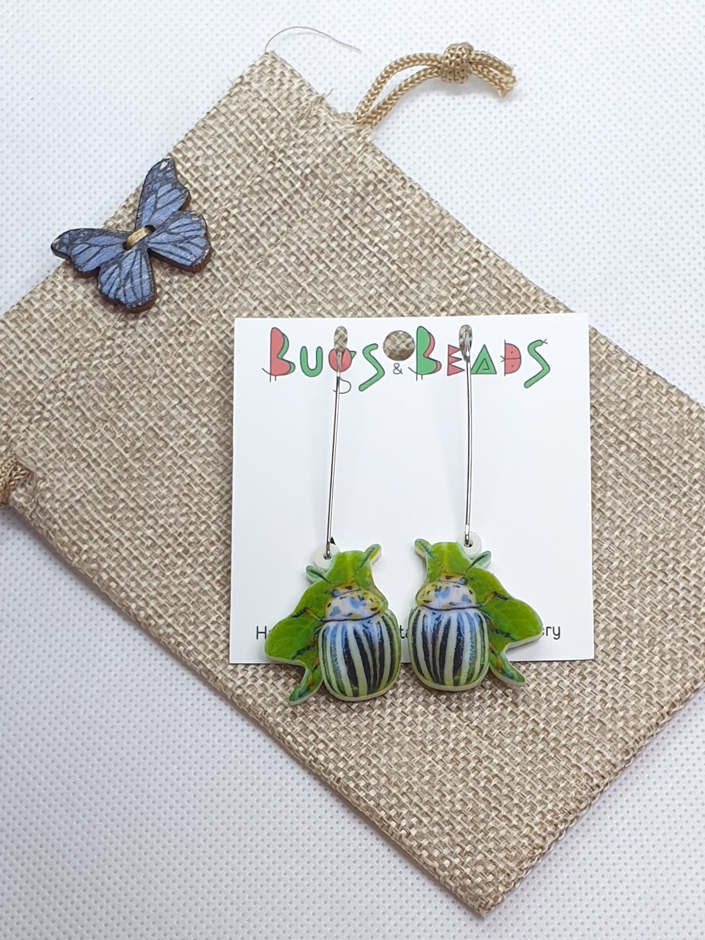 Leptinotarsa beetle (Chrysomelidae) acrylic earrings