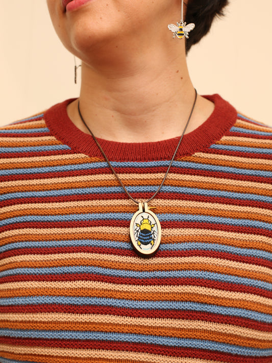 Blue Banded Bee hand embroidered pendant