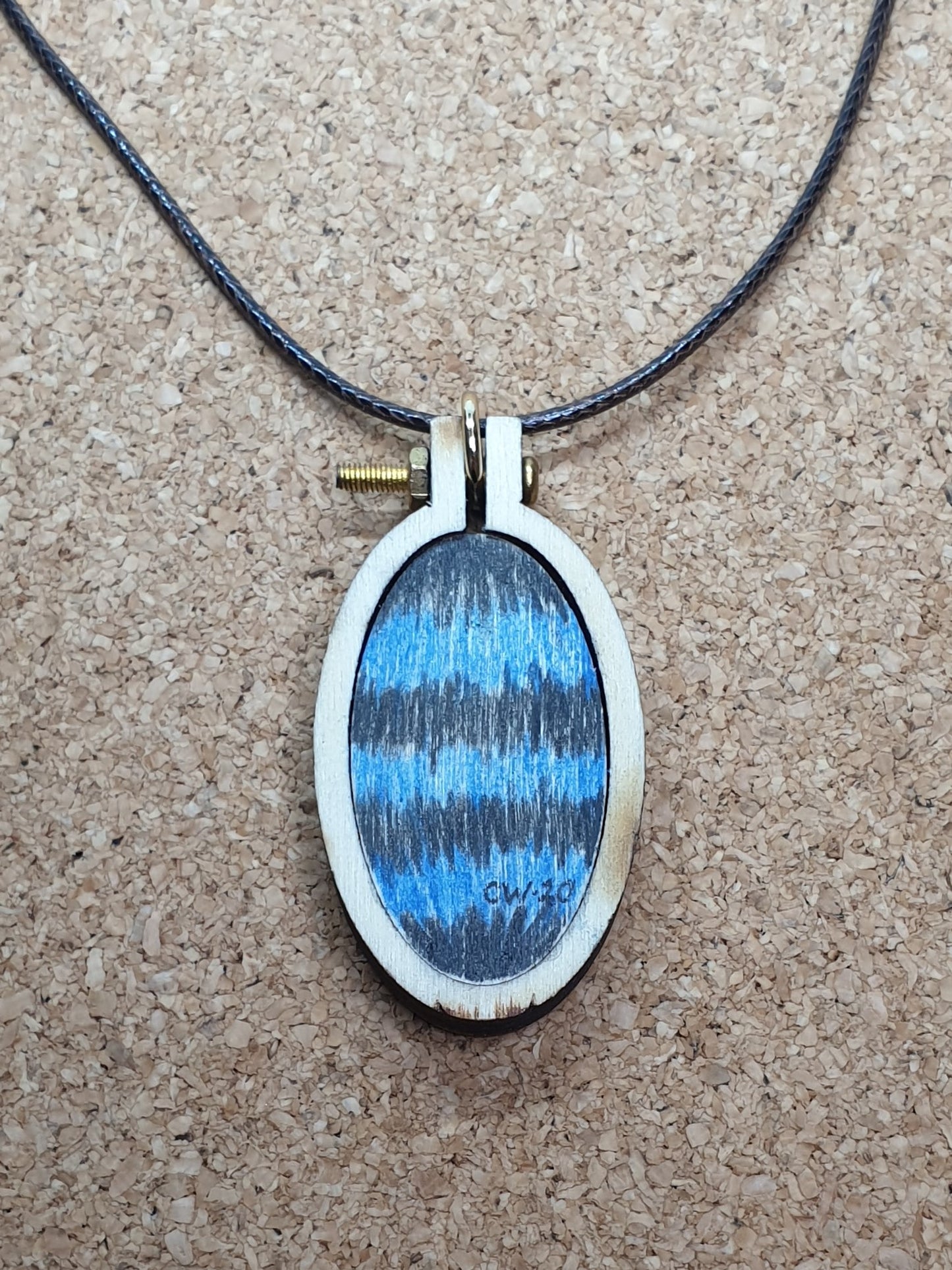 Blue Banded Bee hand embroidered pendant