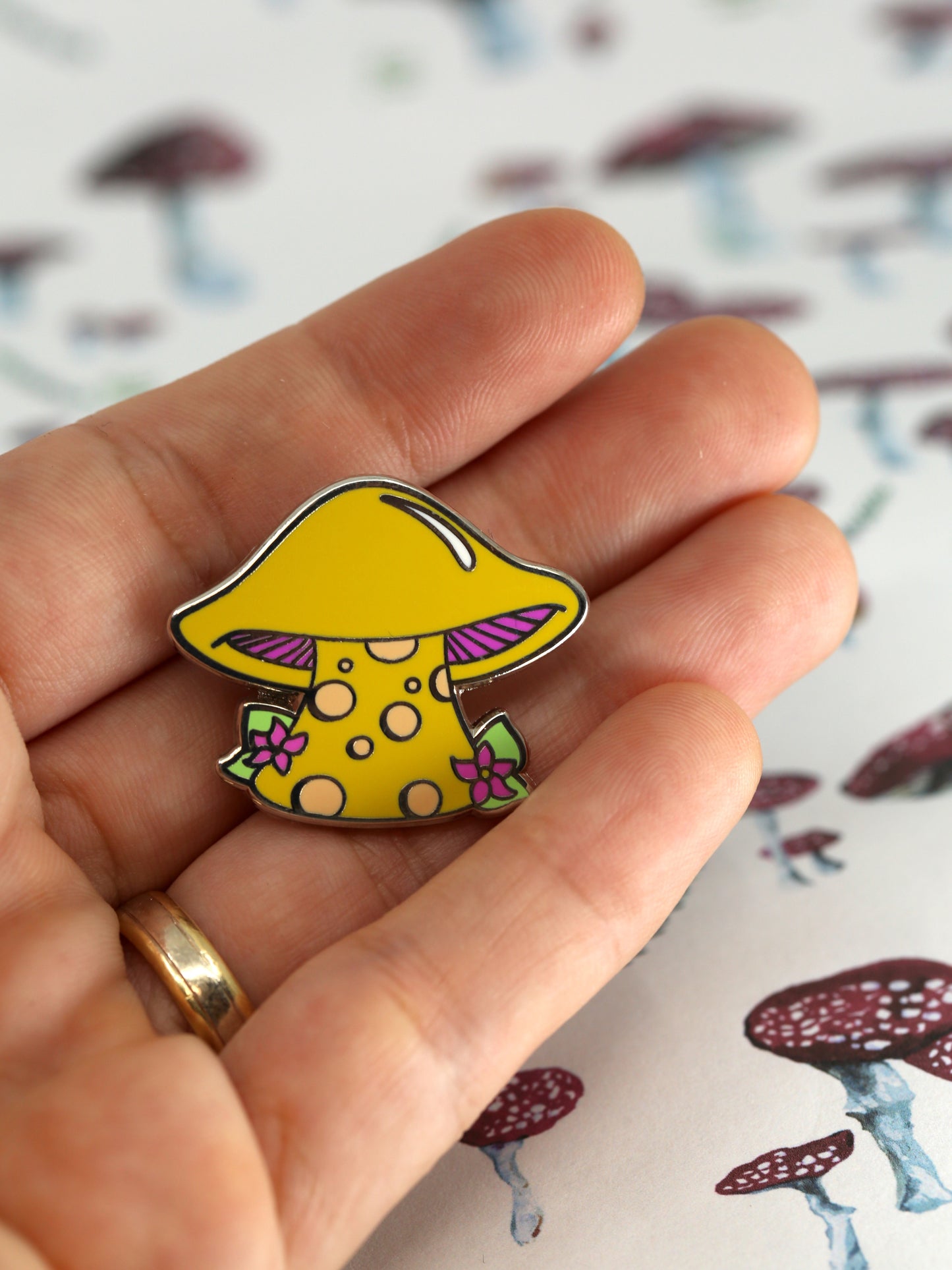 Gilled mushroom cartoon pin