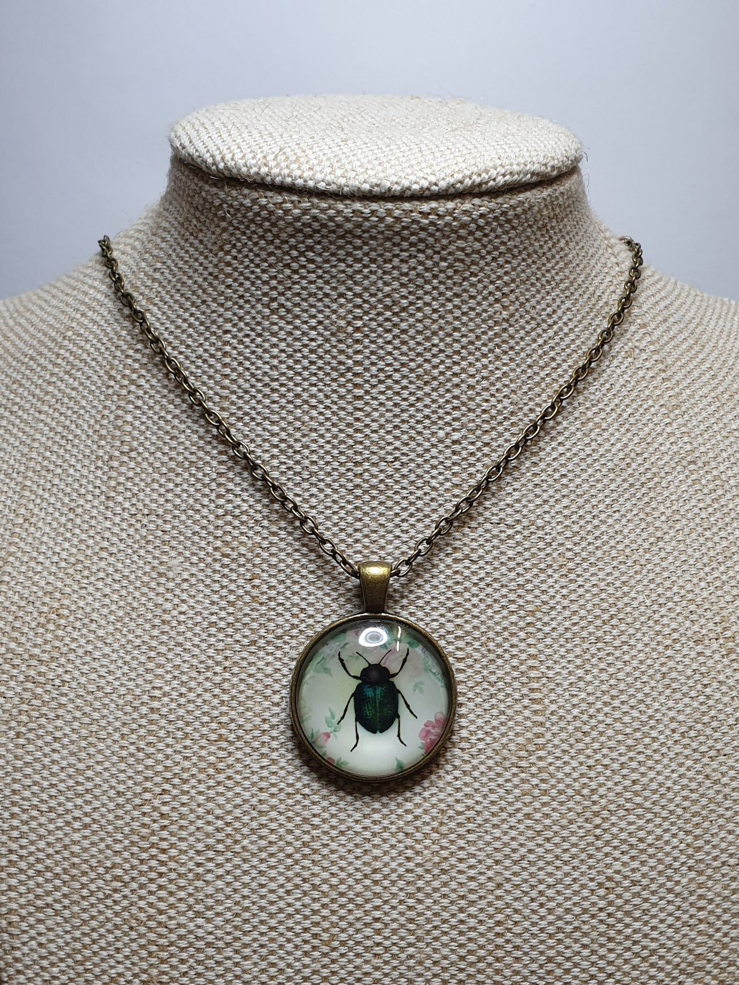 Green & Black Beetle Necklace - Bronze