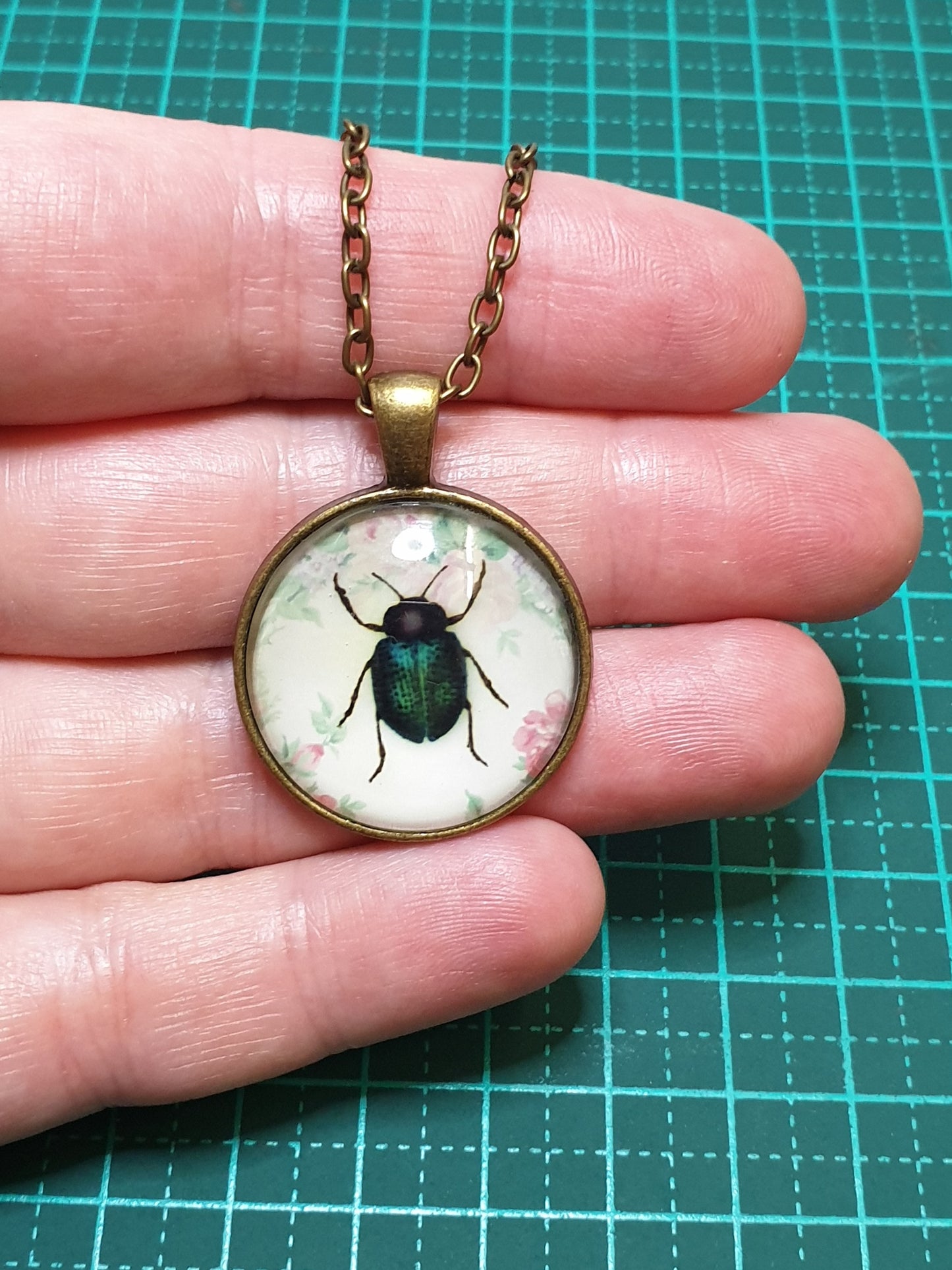 Green & Black Beetle Necklace - Bronze