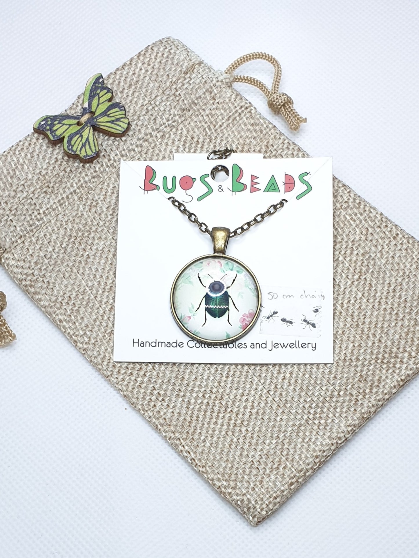 Green & Black Beetle Necklace - Bronze