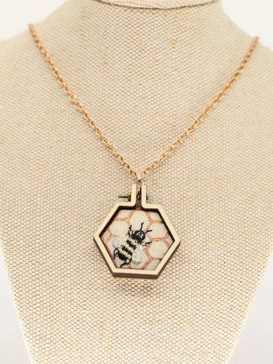 Bee on hive embroidered necklace