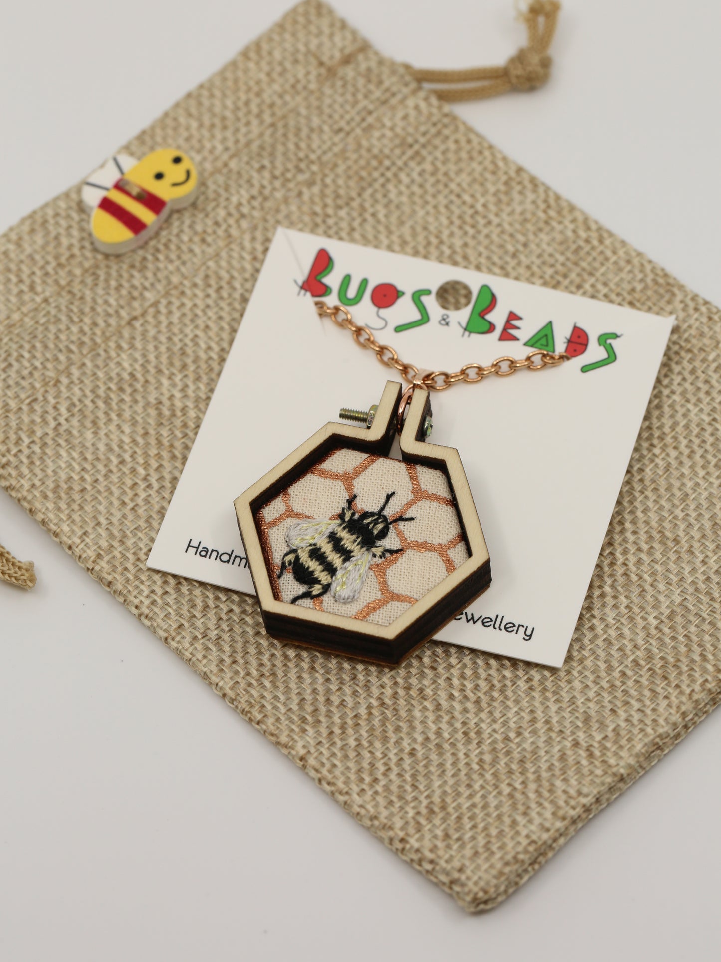 Bee on hive embroidered necklace